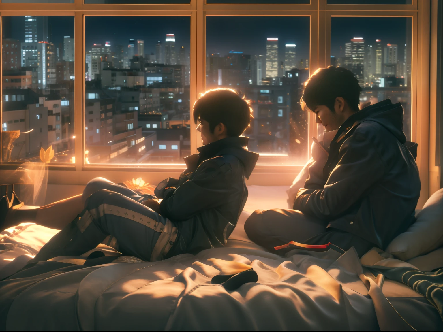 Anime characters sitting on beds in front of the window，Handsome anime pose，best anime 4k Konachang wallpapers，Smooth anime CG art，young anime man，clean and meticulous anime art，trending on artstation pixiv，City in the background，Soft lighting，Badass anime 8K，4k anime wallpapers，Anime art wallpaper 8K。