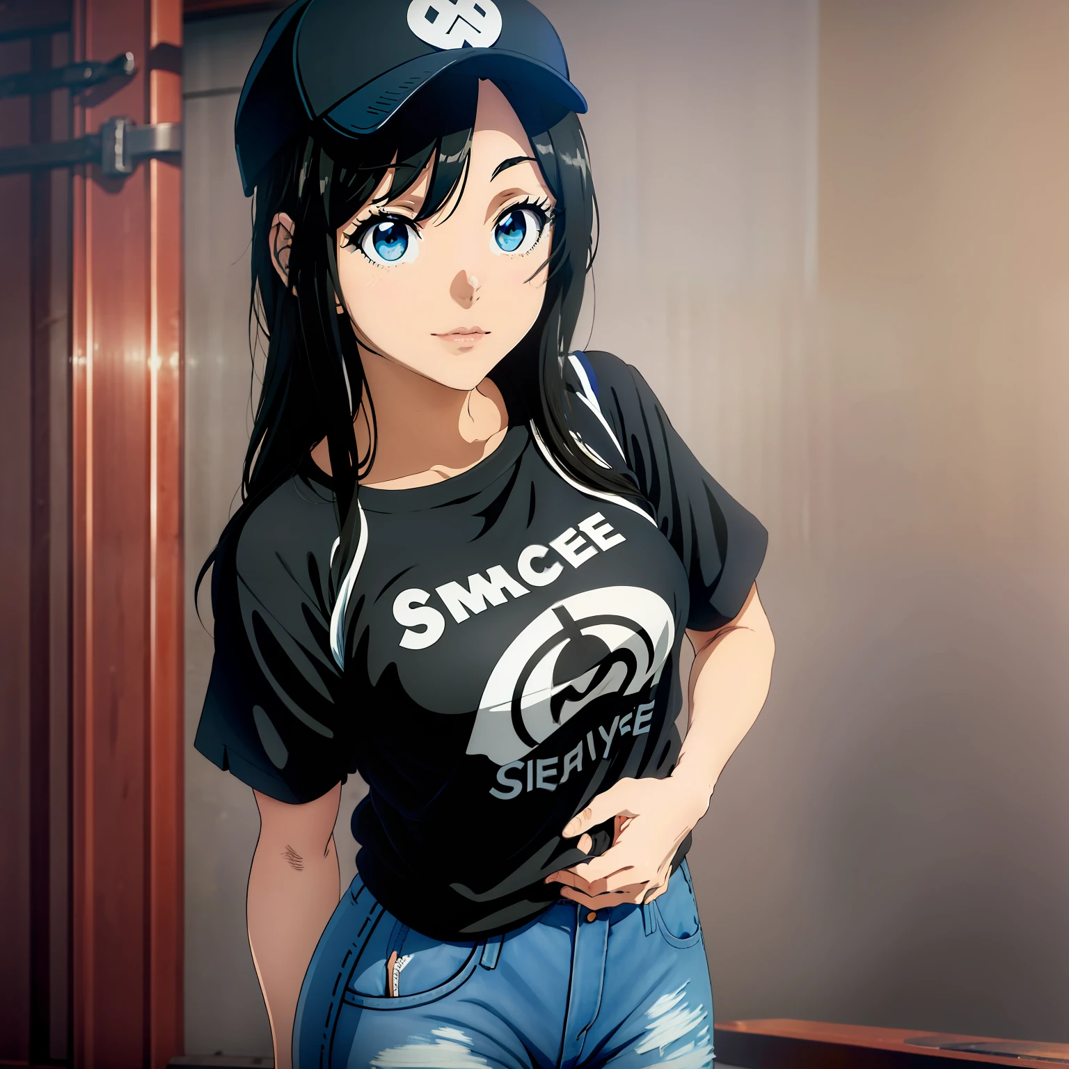 1 anime girl，mesmerizing eyes，ssmile，lively，Long black hair，Black cap，Black short-sleeved T-shirt，denim short，Tuck the T-shirt into your pants，white backgrounid