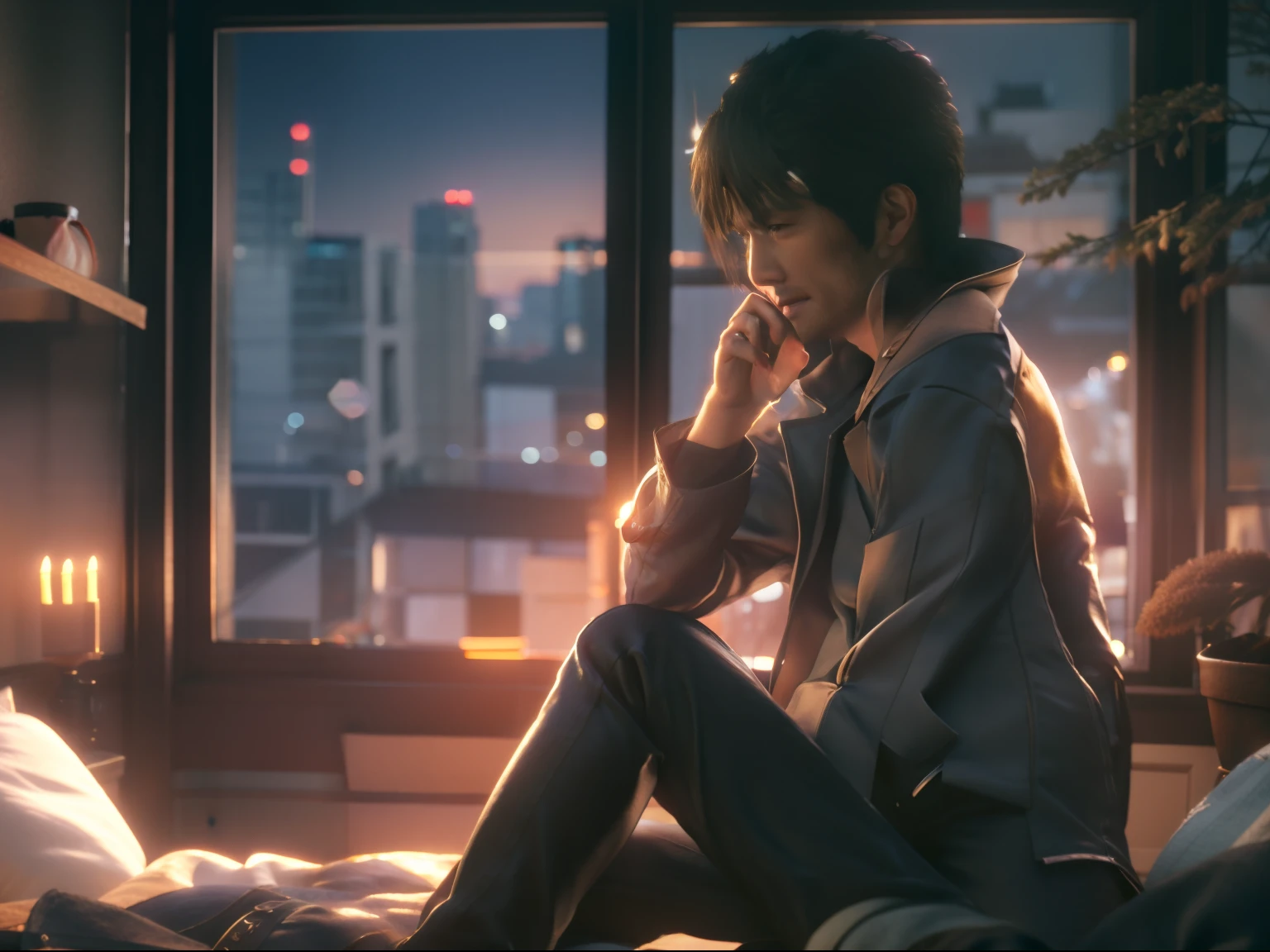 Anime characters sitting on beds in front of the window，Handsome anime pose，best anime 4k Konachang wallpapers，Smooth anime CG art，young anime man，clean and meticulous anime art，trending on artstation pixiv，City in the background，Soft lighting，Badass anime 8K，4k anime wallpapers，Anime art wallpaper 8K。