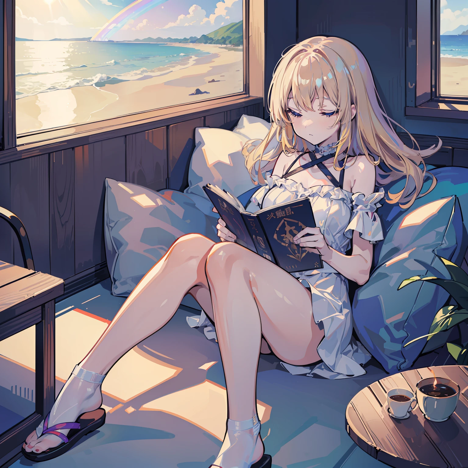 (masutepiece, Fine detail, 4K, 8K, 12K, Solo, Alone, Beautiful Girl, Caucasian Woman, Sitting, Reading, Sleeping, beach house, Indoors, Window light, Rainbow Light、zori、the morning sun