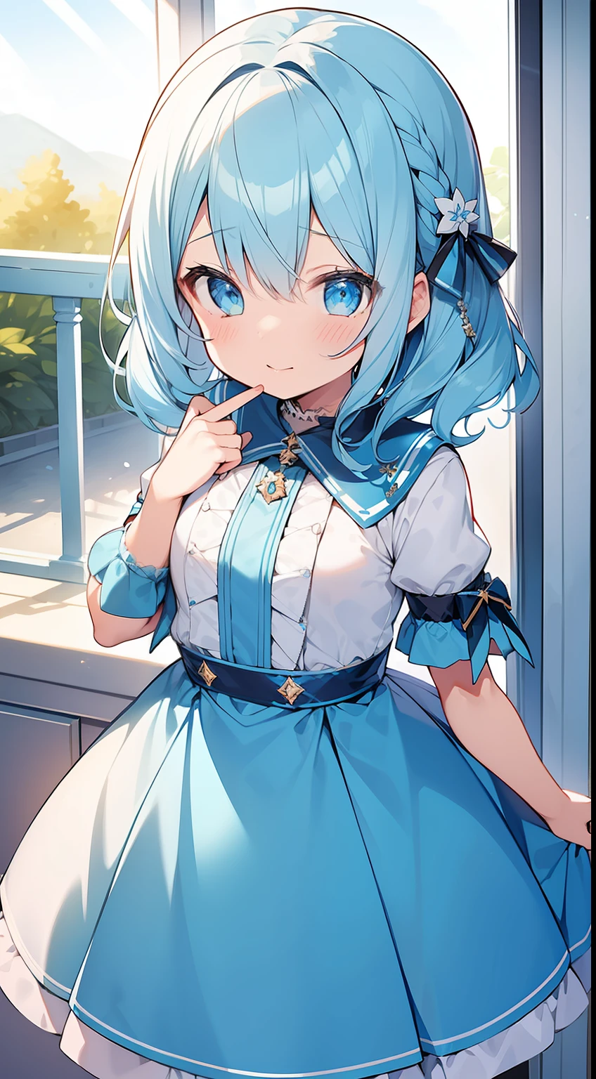 One girl、idol、Idol costumes、lightblue hair、light blue eyes、cute little、masterpiece、Top image quality、top-quality