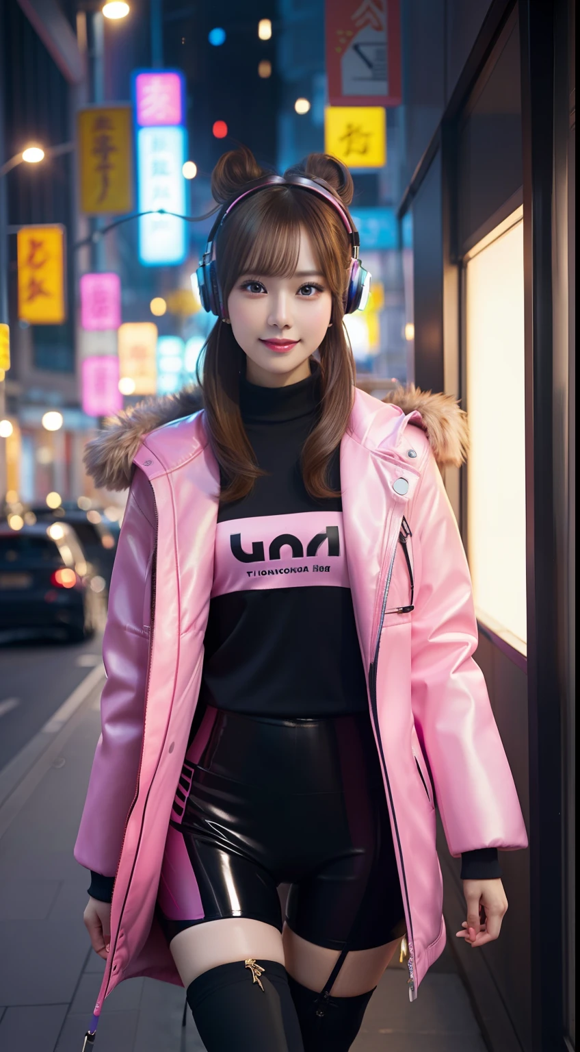 A woman with headphones，Raised sexy， slim，Wear pink tights，Gel coat，Cute type，full bodyesbian，having fun，Lateral face，Photoreality，photore，tmasterpiece，hentail realism，Photoreality，hight contrast，8K HD， Render the atmosphere，A detailed, ultra - detailed, realistic skin textures,超A high resolution, (真实感:1.4),, A high resolution, A detailed, Sharp, rich colours