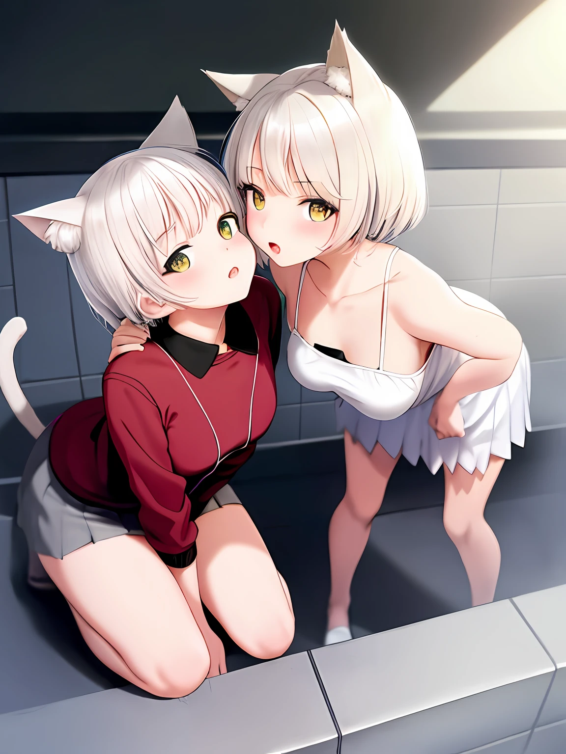 photore,best qualtiy,tmasterpiece,Kizi,White hair,short detailed hair,cat ear,tilts your head,is shy,adolable,Loose clothes,Manteau blanc,Natural stay,Lori huge breasts cleavage,astonishment,exquisite face,having fun,Cat tail,Short stature,Small chest,His face was flushed,short skirt,Two li kissing each other,Lori kneels,In the bath
