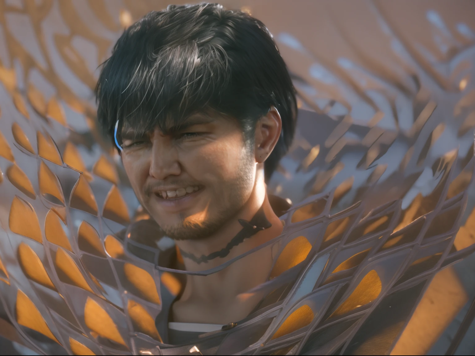 1man, black hair, wince, longeyelashes, solid circle eyes, light smile, ear blush, fang, short hair, Surrealism, drop shadow, anaglyph, stereogram, tachi-e, pov, atmospheric perspective, 8k, super detail, ccurate, best quality