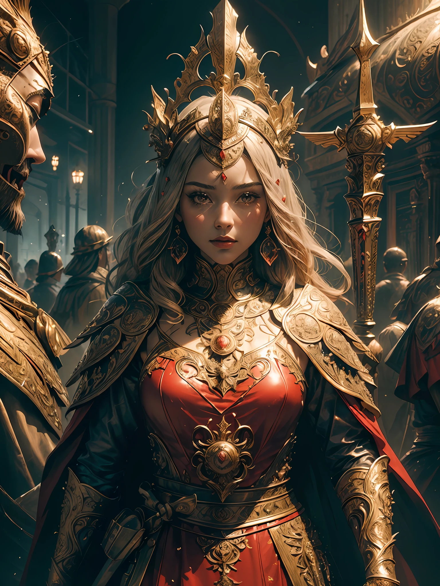((masterpiece))), (((best quality))), ((ultra-detailed)), (hyperrealistic), (highly detailed artwork), accent lighting, photorealistic, extremely beautiful young lady, light makeup, intricate detailed eaba, red cape, spear, shining, gloss, crisp, flirty, statues, epic
