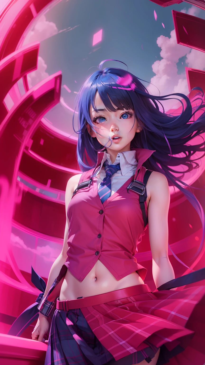 1girl, hoshino (blue archive), solo, heterochromia, pink hair, skirt, long hair, necktie, ahoge, shirt, halo, plaid skirt, blue eyes, plaid,  looking at viewer, white shirt, sitting, orange eyes, chest harness, harness, long sleeves, id card, open mouth, very long hair, collared shirt, smile, blue necktie, bangs, feet out of frame, between legs, hand between legs, blush, hair between eyes, highres,masterpiece, best quality