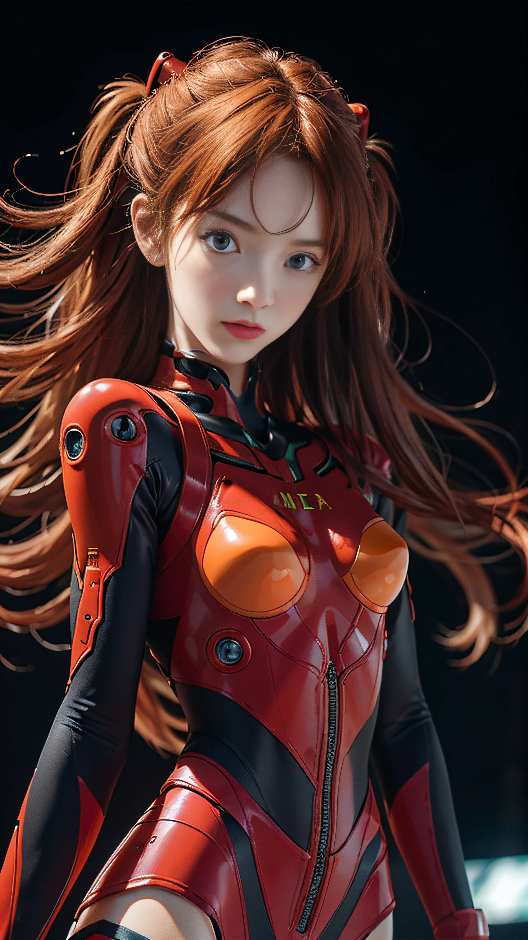 Super beautiful glowing eyes、red hairs、(((realisitic)))a picture, masterpiece, top-quality, 1girl in, a slender waist, top-quality, pale-skinned, Suryu Aska Langle, Plug Suit 02, Black background, (Face and eye details:1.1), Unique, red blush, ((full of shyness)), extremely delicate and beautiful girl, dynamicposes, (to8contrast style),