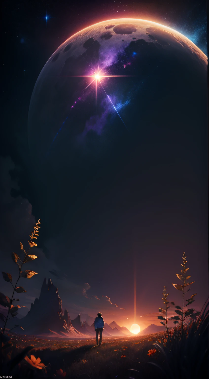 Vast landscape photos, (from below, sky above, open fields below), a boy standing on a flower field looking up, (Full Moon: 1.2), (Meteor: 0.9), (Nebula: 1.3), Distant Mountains, Trees BREAK Making Art, (Warm Light Source: 1.2), (Firefly: 1.2), Lights, Lots of Purple and Orange, Intricate Details, Volumetric Lighting, Realism BREAK (Masterpiece: 1.2), (Best Quality), 4K, Ultra-Detailed, (Dynamic Composition: 1.4), Very Detailed, Colorful Detail, (Iridescent Color: 1.2), (Glow Illumination, Atmospheric Lighting), Dreamy, Magical, (Solo: 1.2)