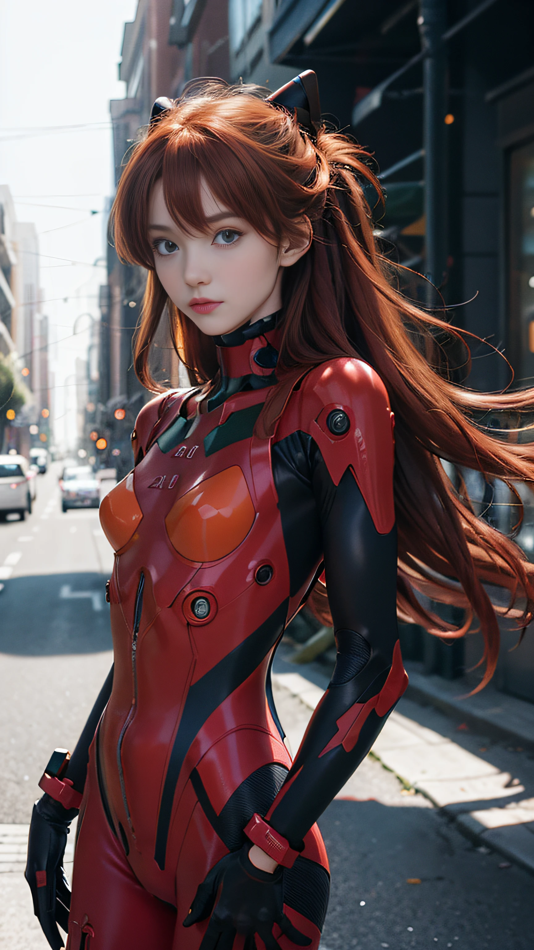 Super beautiful glowing eyes、red hairs、(((realisitic)))a picture, masterpiece, top-quality, 1girl in, a slender waist, top-quality, pale-skinned, Suryu Aska Langle, Plug Suit 02, Black background, (Face and eye details:1.1), Unique, red blush, ((full of shyness)), extremely delicate and beautiful girl, dynamicposes, (to8contrast style),