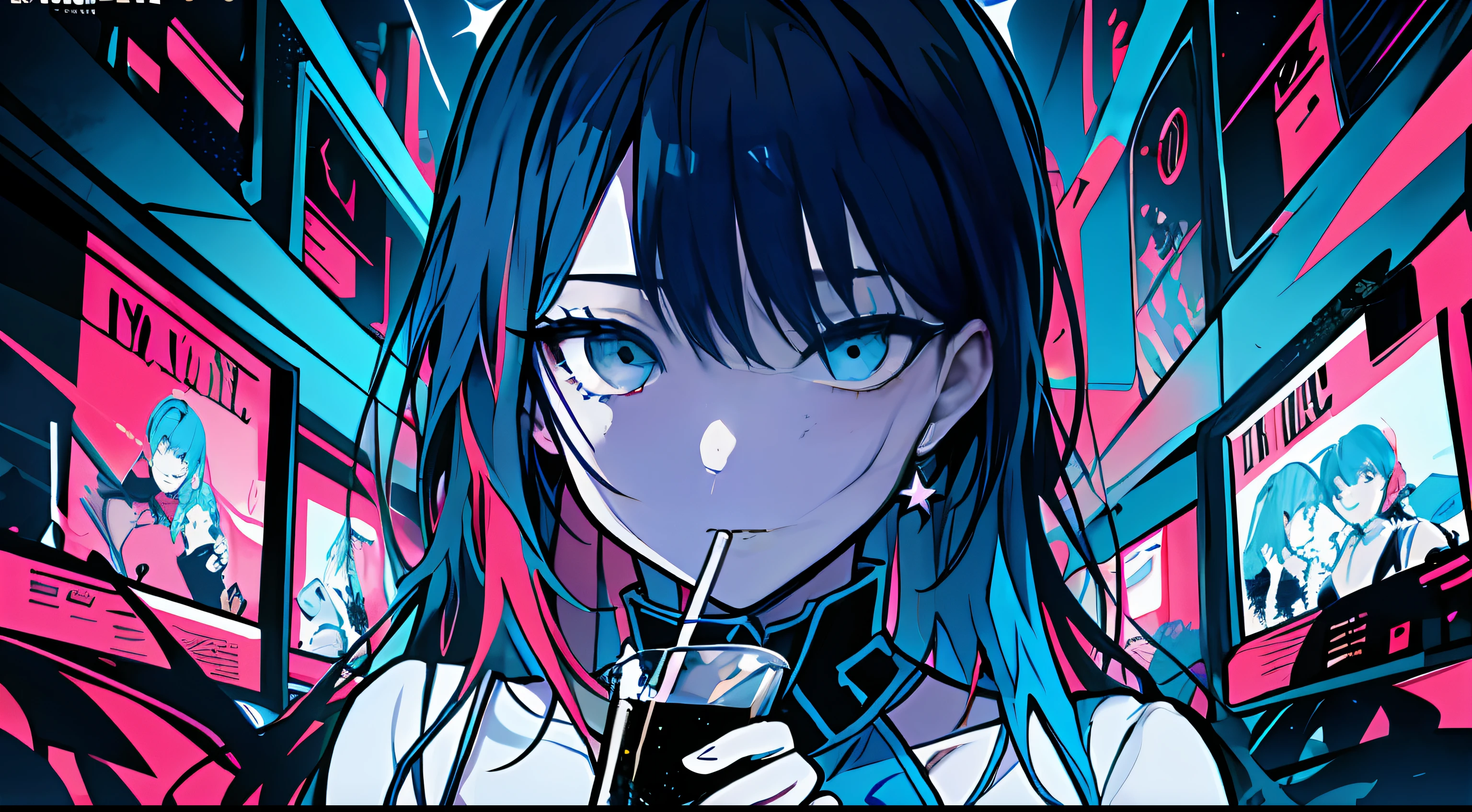 This is a movie poster，drink，teens girl，The background is dark and gritty，The feeling is strong，The color palette is dominated by dark colors，Embellished with color，Blue，starrysky，It is dynamic，Visually eye-catching，Inviting，lewd poses，dyna，element in，Attachment，Fashionab，alcohol。