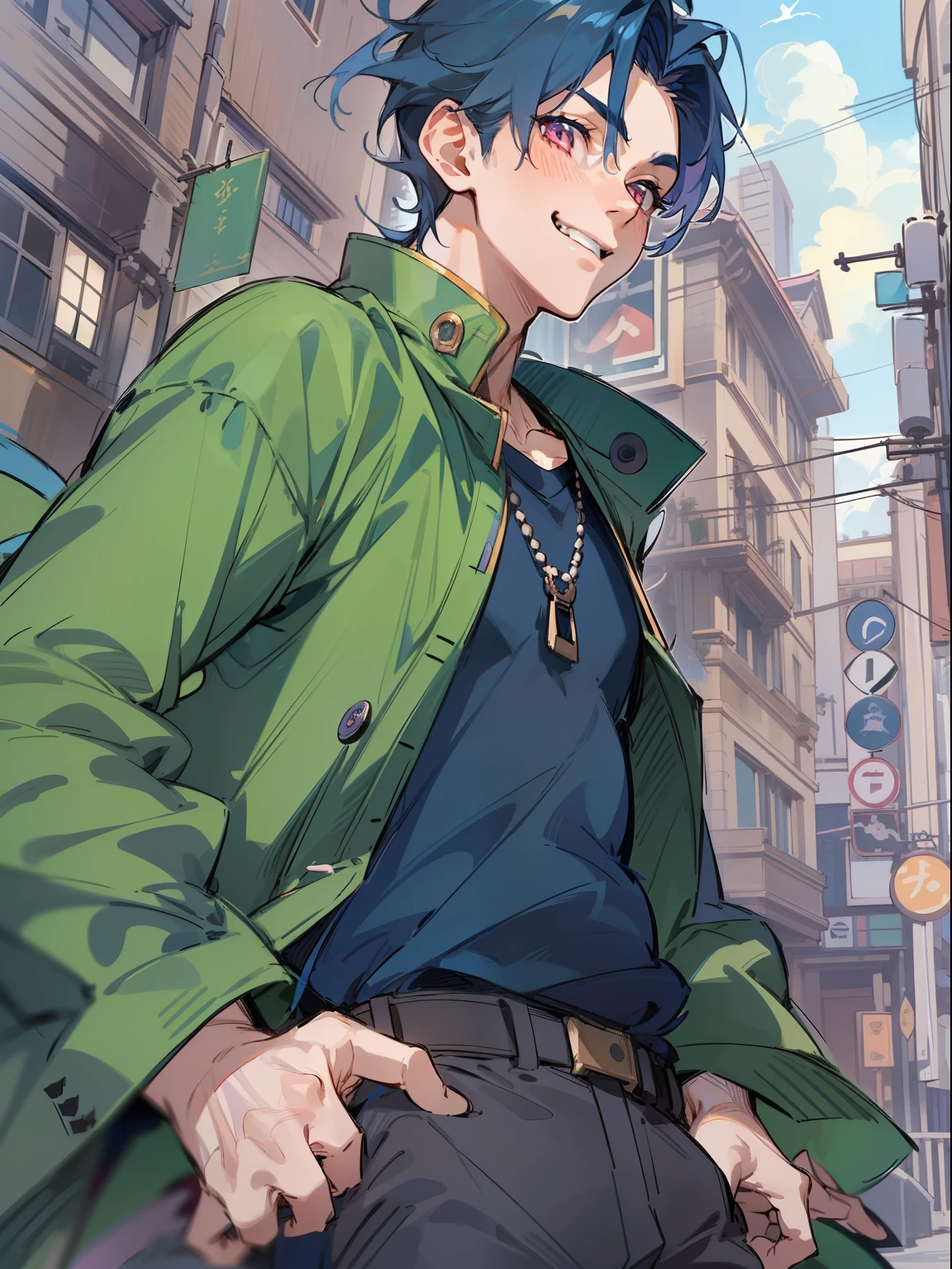 Ultra Detail,Haig Quality,sketch,1boy,matured male,Beautiful face,(Navy blue hair,Outer hair:1.3),Handsome men,Pearl skin,black tshirt,Moss Green Mod Court,Dynamic Angle,Japan Anime,Pink eyes,Laugh,Like a cat's eye,city,male in his 20s,