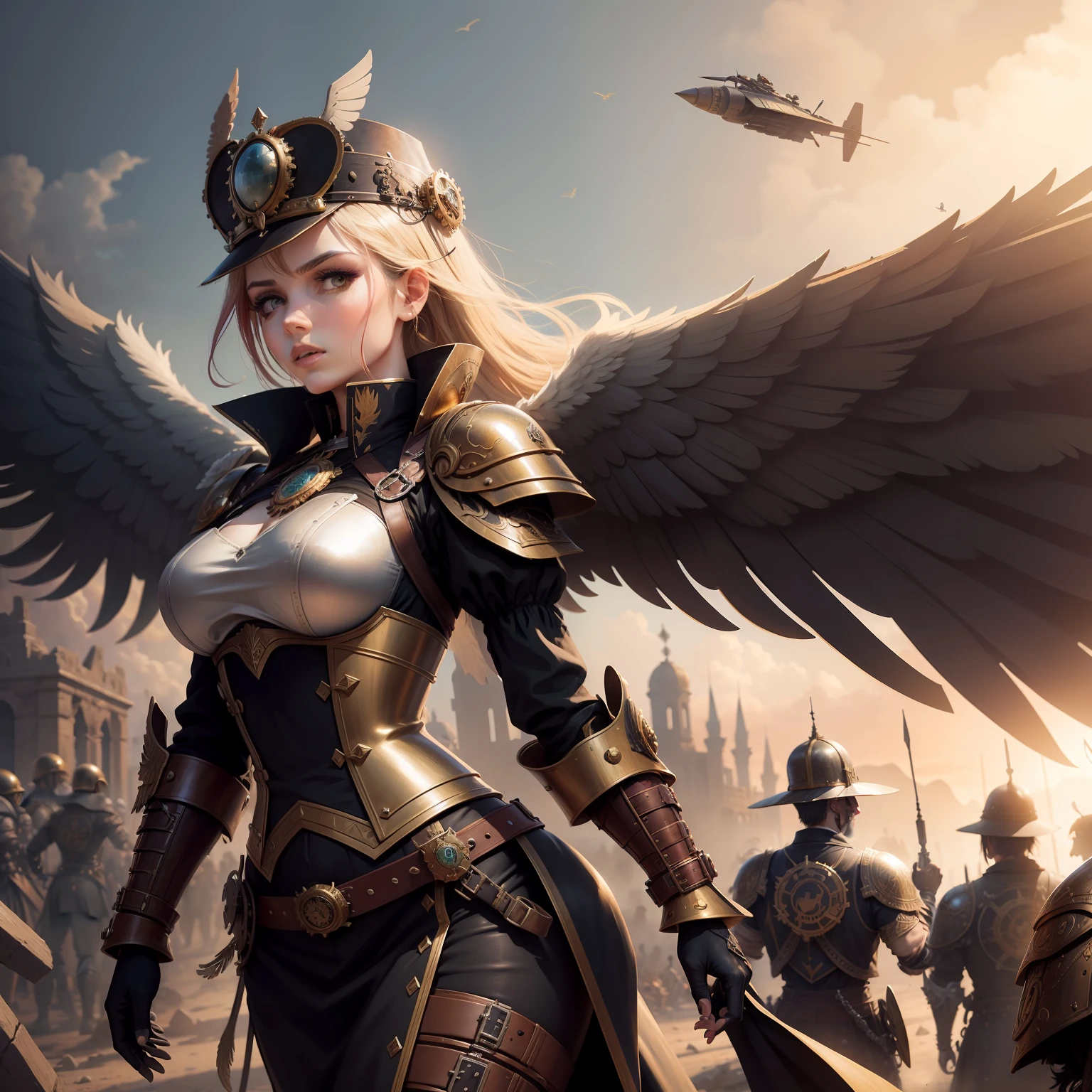 ruins of the ancient city, steampunk winged knight, dynamic pose, backgroud: crowded charging army of the steampunk winged hussars