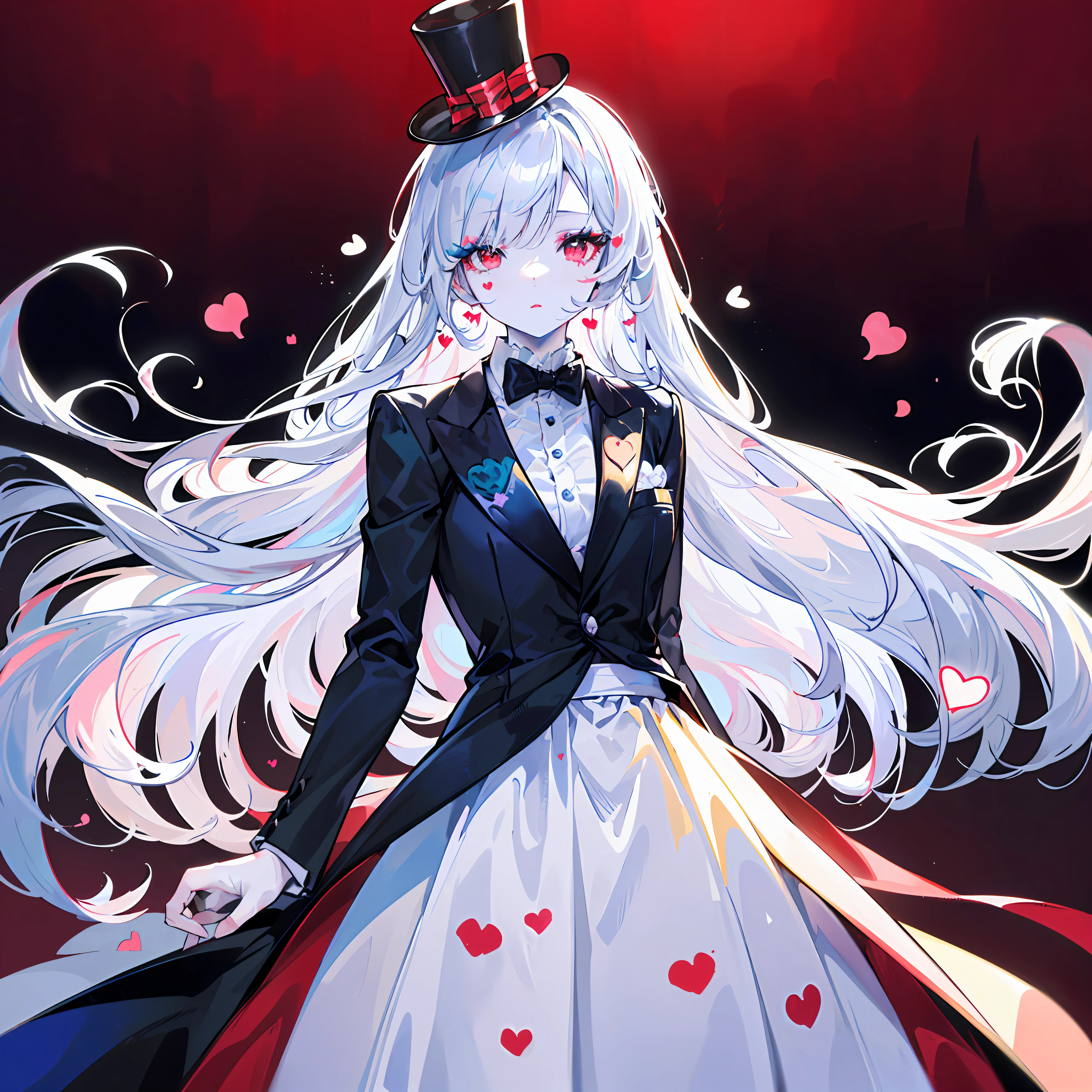 ((Masterpiece)), ((Best Quality)), ((Best Quality)), (Illustration of One Girl), Emerald Green Long Hair, (((Tall)), (White Skin), Red Eyes, Blue Eyeliner, ((Makeup with a heart symbol around the left eye)), ((Tuxedo)), (Top Hat)), Clown, (Circus)