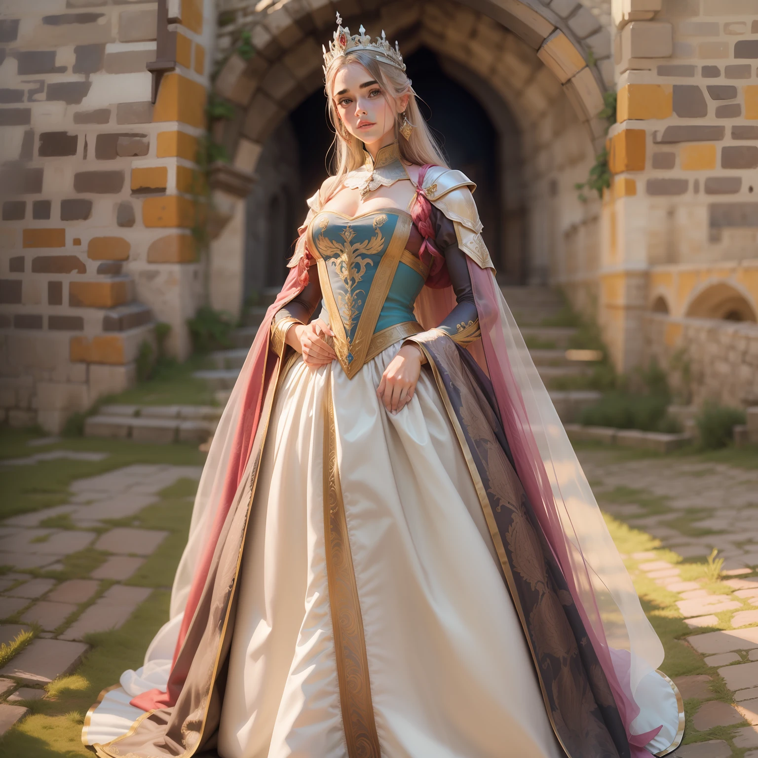 Uma mulher, princesa, roupas medievais, castelo ao fundo