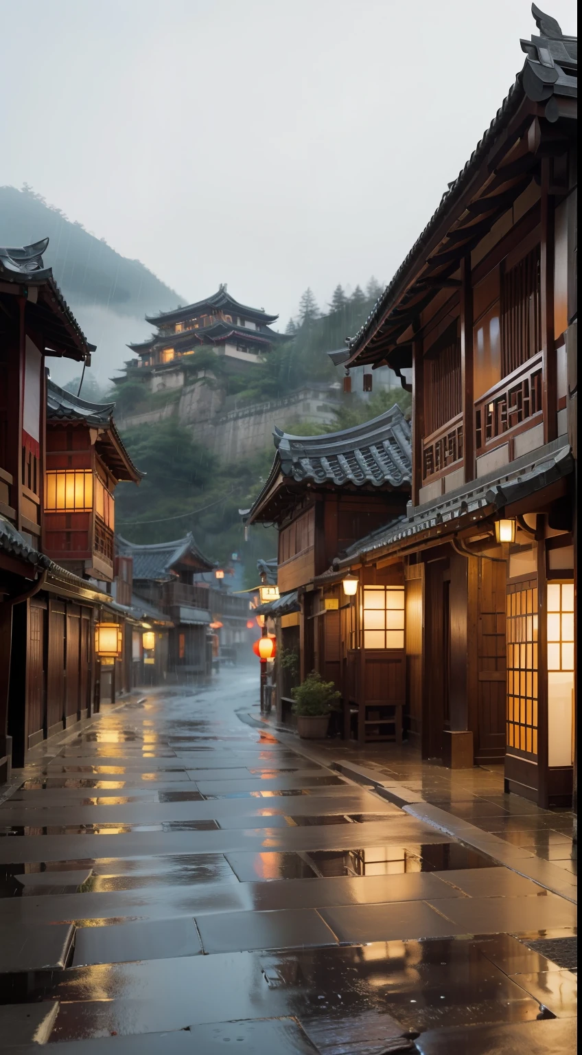 arafed view of a village with a lot of lights on the buildings, dreamy chinese town, chinese village, amazing wallpaper, japanese town, japanese village, hyper realistic photo of a town, old asian village, japanese city, by Raymond Han, rainy evening, cyberpunk chinese ancient castle, beautifully lit buildings, at evening during rain, beautiful and aesthetic, photography, cinematic, 8k, high detailed ((Heavy rain)))