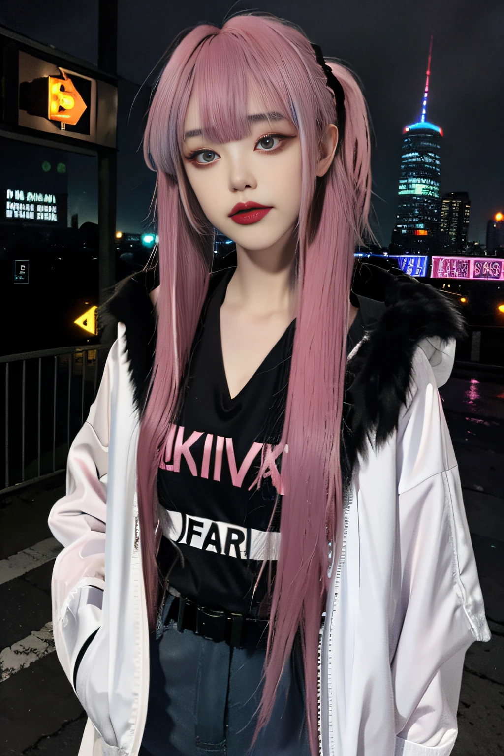 lucy \(cyberpunk\), 1girl,  hair scrunchie, hime cut, silver hair, colored tips, full moon, grey eyes, jacket, long sleeves, looking at viewer, medium hair, multicolored hair, parted bangs, parted lips, pink hair, portrait, red eyeliner, red lips, solo, white jacket, cyberpunk \(series\), rainy night in a cyberpunk city with glowing neon lights