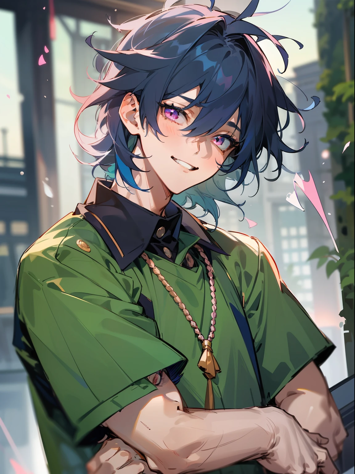 Ultra Detail,Haig Quality,sketch,1boy,matured male,Beautiful face,(Navy blue hair,Outer hair:1.3),Handsome men,Pearl skin,black tshirt,Moss Green Mod Court,Dynamic Angle,Japan Anime,Pink eyes,Laugh,Like a cat's eye,city,male in his 20s,