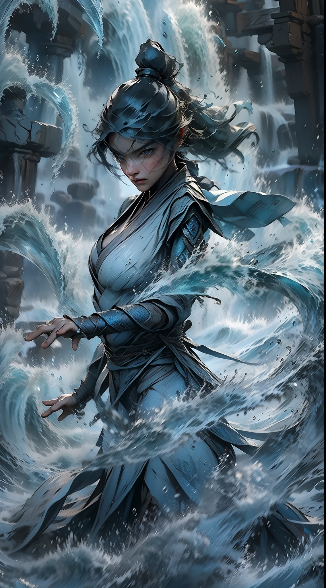 tmasterpiece,HighestQuali,Imperial water style,Yushui,one-girl,Wearing a blue-gray period costume,Black high ponytail,Fighting posture,Surrounded by water waves,the rule of thirds,closeup cleavage,waterfall in background