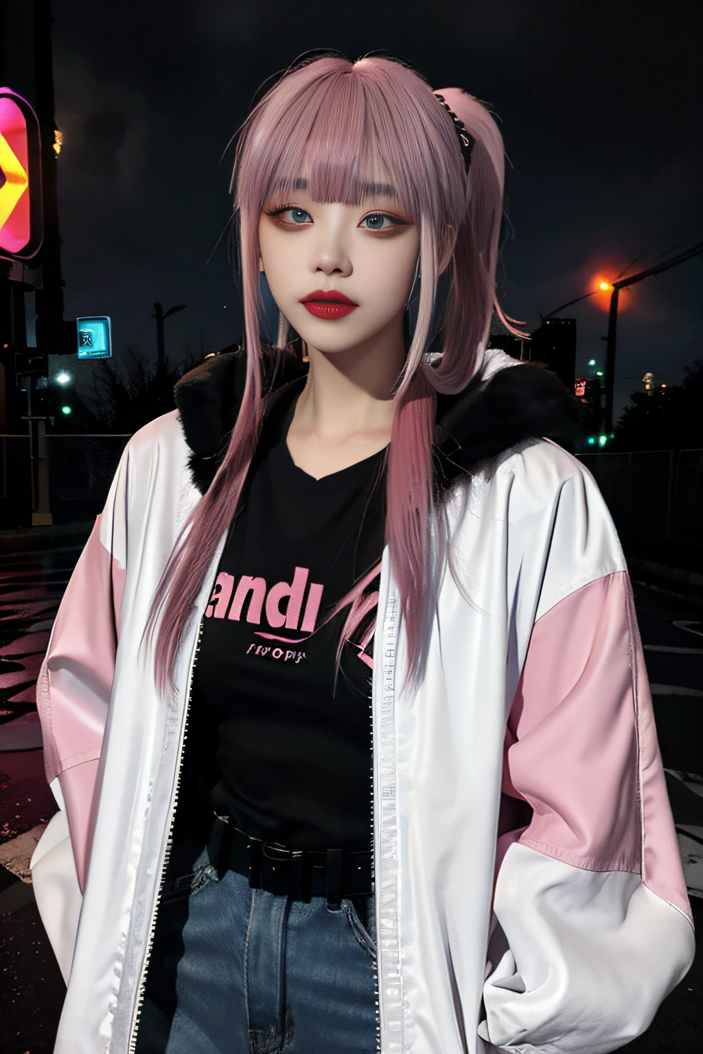 lucy \(cyberpunk\), 1girl, hair scrunchie, hime cut, silver hair, colored tips, full moon, grey eyes, jacket, long sleeves, looking at viewer, medium hair, multicolored hair, parted bangs, parted lips, pink hair, portrait, red eyeliner, red lips, solo, white jacket, cyberpunk \(series\), rainy night in a cyberpunk city with glowing neon lights