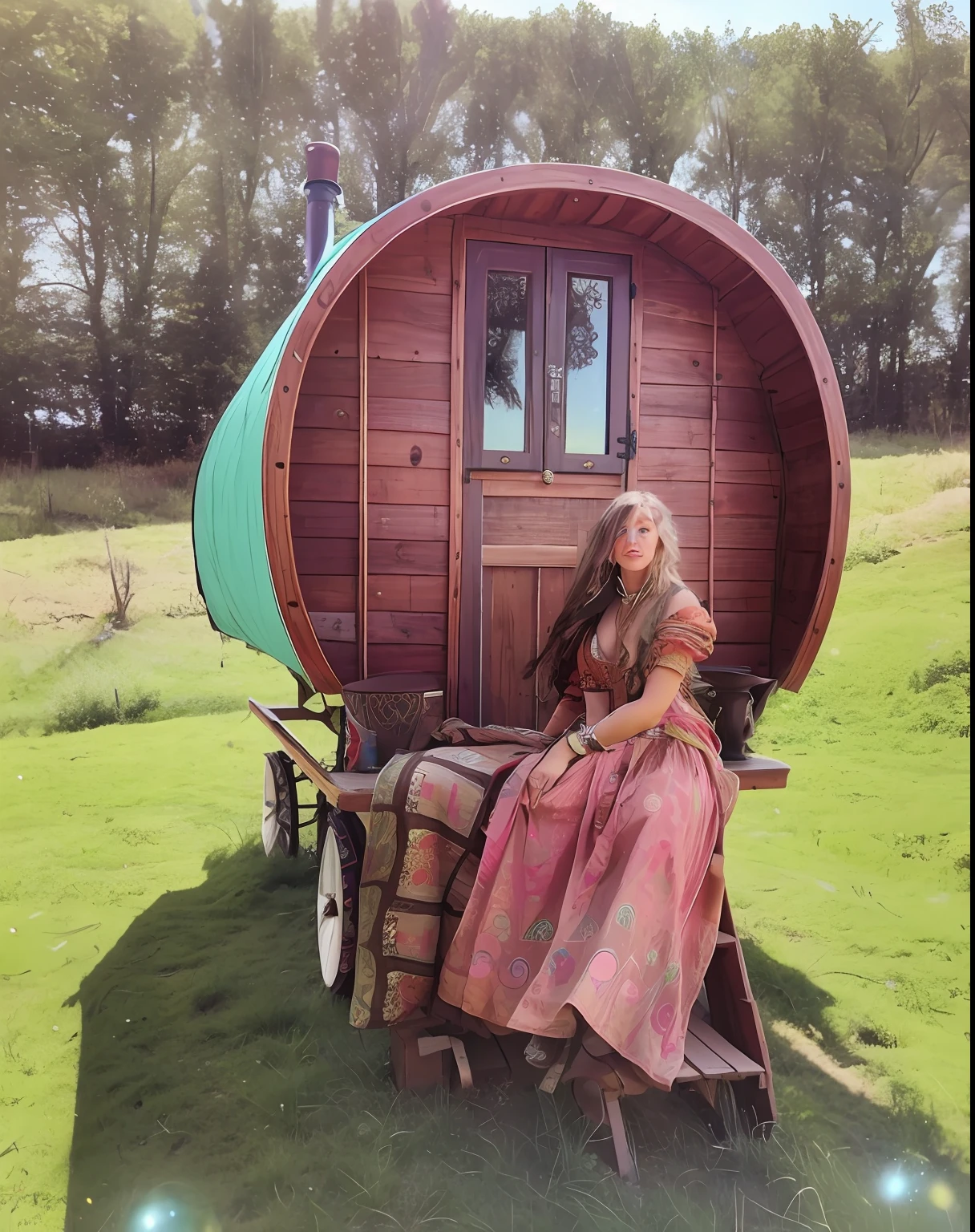 Beautiful gypsy woman sitting on a wooden bench in front of a covered wagon, Neo - Gypsy Caravan, Hippie Cottagecore, Glamping, stood outside a wooden cabin, inspired by Ford Madox Brown, inspired by Lucy Madox Brown, Director: Rachel Reckitt, Gypsy, Director: Sophie Pemberton