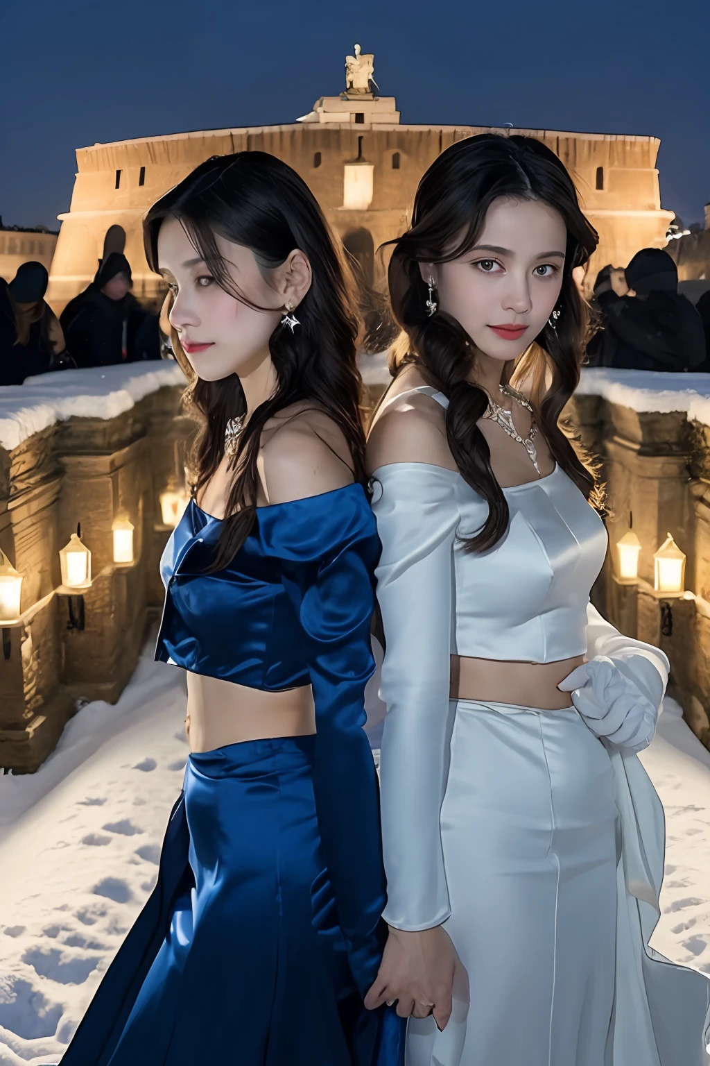 2girls,duo,navel,(silk,satin,on the Castel Sant'Angelo of Rome,crowd,winter,Snow),BREAK Night Light, Drama Light, Earrings, Necklace, Bracelet