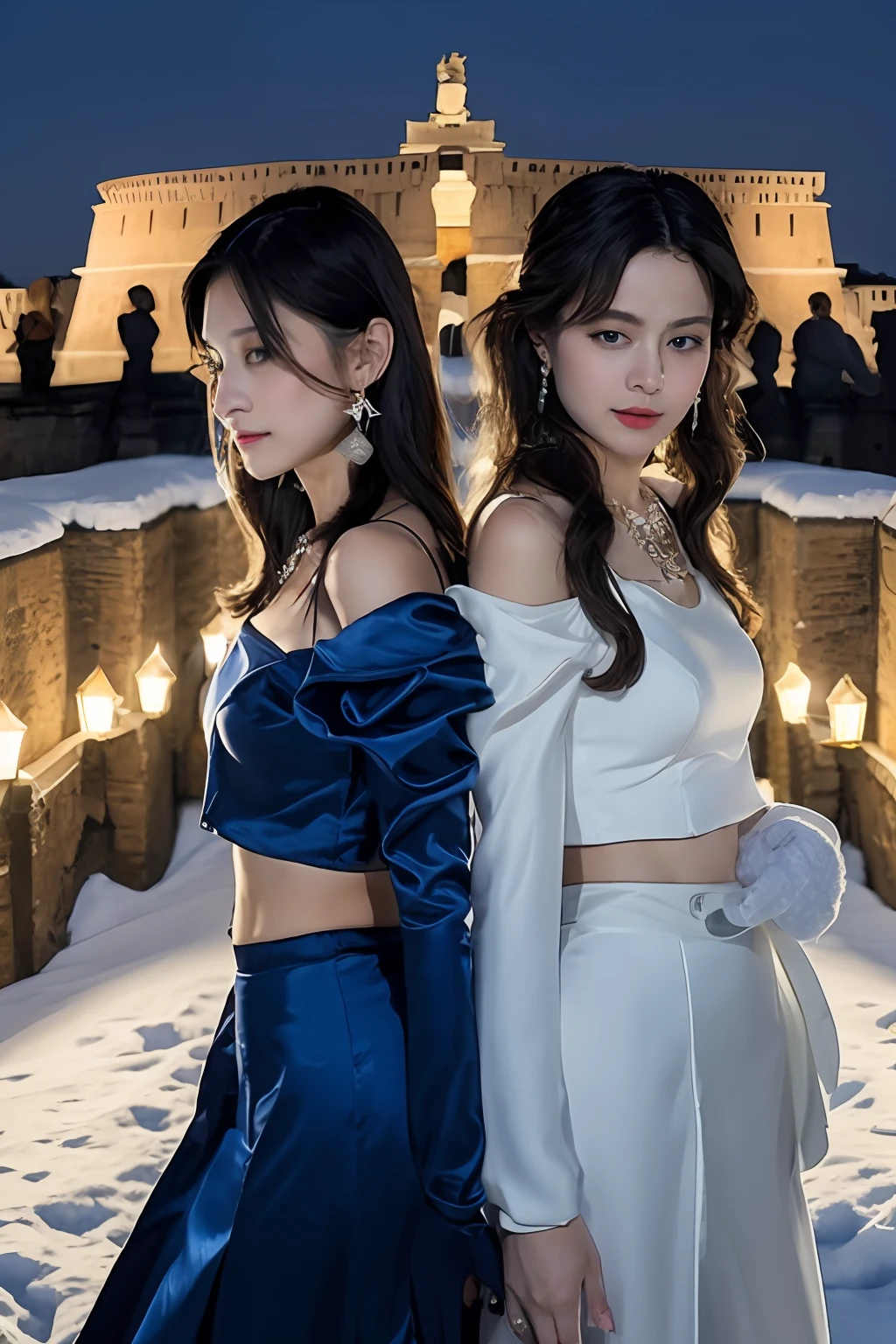 2girls,duo,navel,(silk,satin,on the Castel Sant'Angelo of Rome,crowd,winter,Snow),BREAK Night Light, Drama Light, Earrings, Necklace, Bracelet