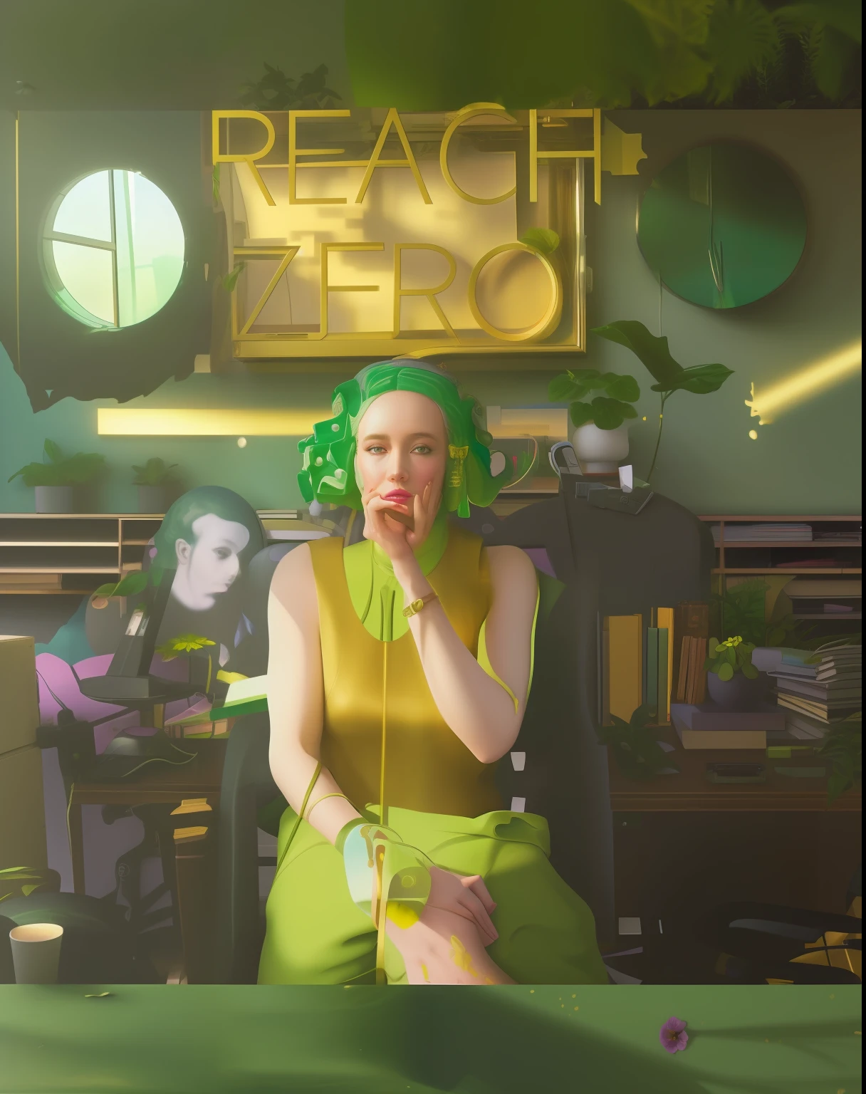 Architectural Digest photo of a maximalist green {vaporwave/steampunk/solarpunk} ((Home office)) with flowers and plants, golden light, hyperrealistic surrealism, award winning masterpiece with incredible details, epic stunning