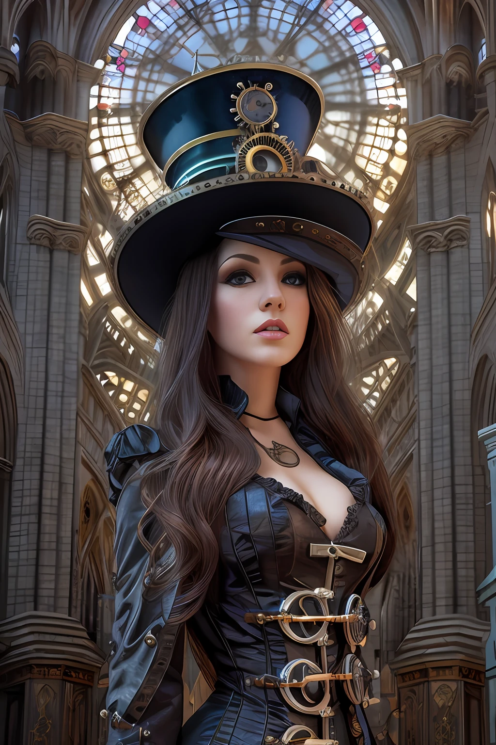 Hyperrealist full shot of a sexy malicious steampunk gal by david hockney and alphonse mucha,photography art, photo hyper-realistic, dynamic lighting, artstation, poster, volumetric lighting, very detailed faces, 4 k, award winning, 1girl, gothic cathedral n background, deep shadow,(steampunk clothing:1.4) ,long hair, steampunk intricate top hat