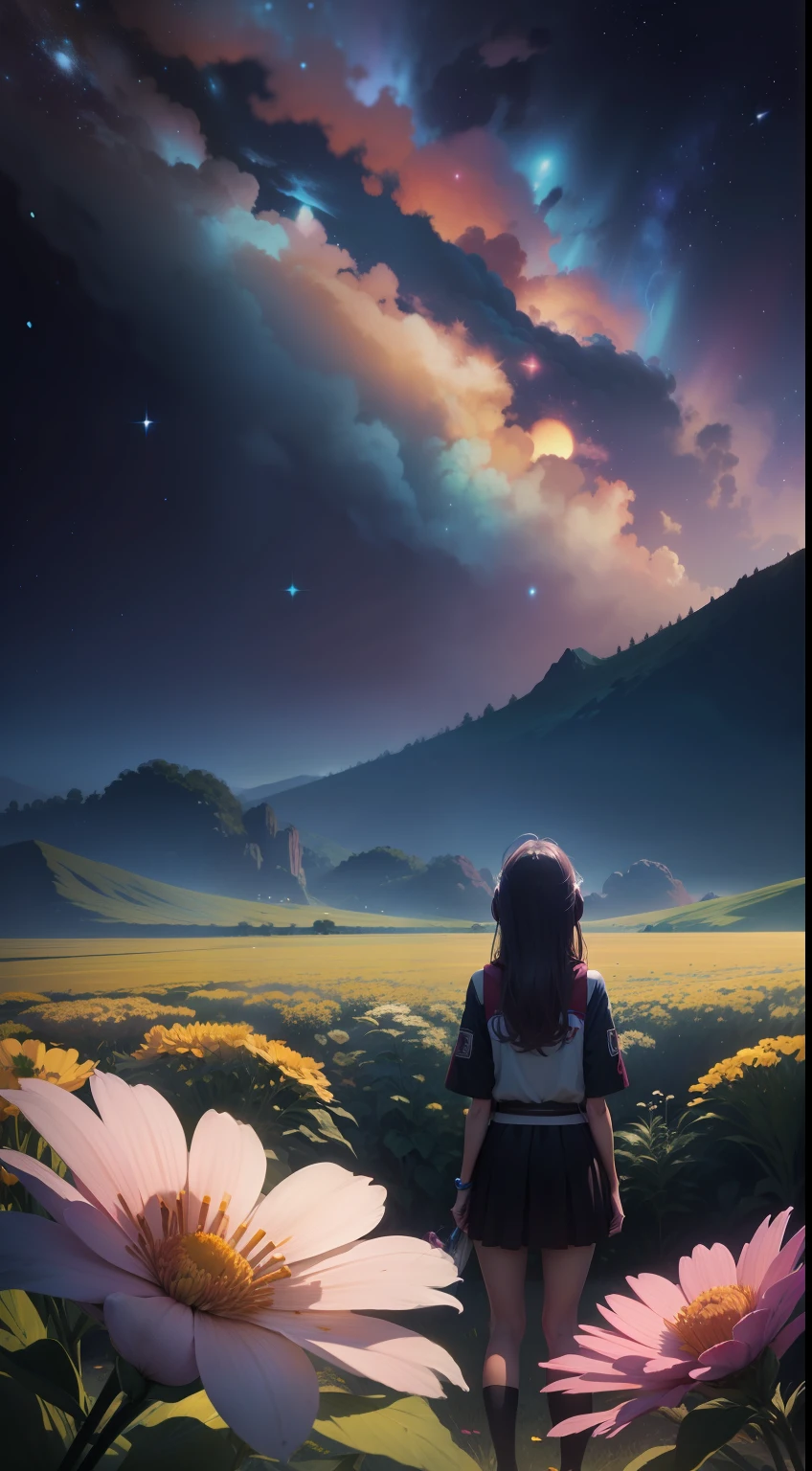 Uma menina em um campo de flores, vista de baixo para cima, cosmic view, galaxias, cometas, lua cheia, cena de anime, estilo anime,