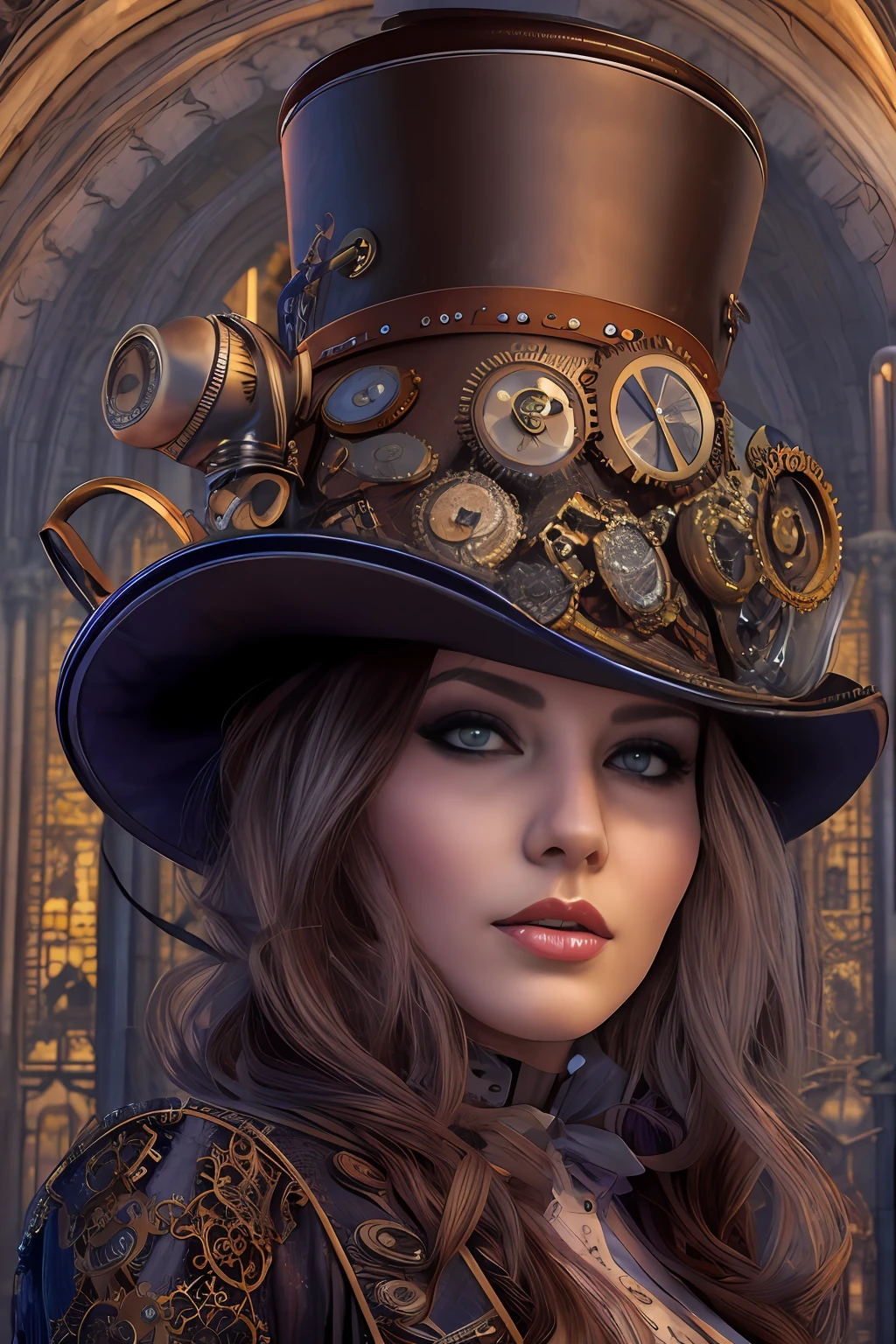 Hyperrealist full shot of a sexy malicious steampunk gal by david hockney and alphonse mucha,photography art, photo hyper-realistic, dynamic lighting, artstation, poster, volumetric lighting, very detailed faces, 4 k, award winning, 1girl, gothic cathedral n background, deep shadow,(steampunk clothing:1.4) ,long hair, steampunk intricate top hat