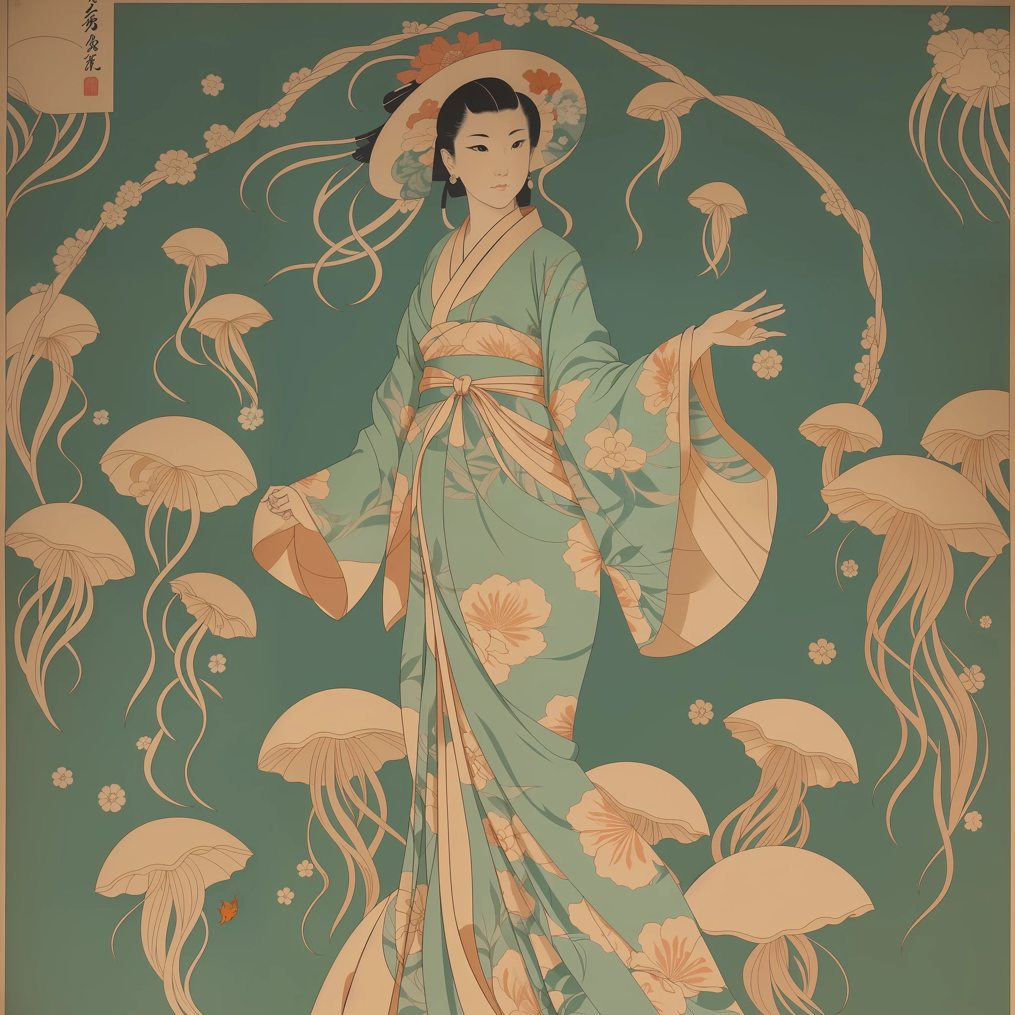 goldfish woman, with a beautiful dress, full body,ukiyoe style,beautiful fingers and legs,beautiful face,kimono style