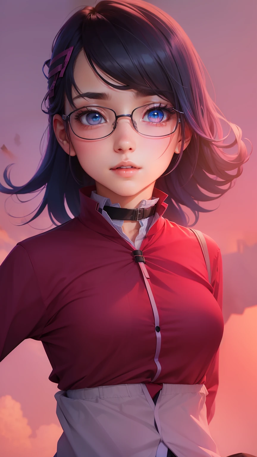 1girl, hoshino (blue archive), solo, heterochromia, pink hair, skirt, long hair, necktie, ahoge, shirt, halo, plaid skirt, blue eyes, plaid, looking at viewer, white shirt, sitting, orange eyes, chest harness, harness, long sleeves, id card, open mouth, very long hair, collared shirt, smile, blue necktie, bangs, feet out of frame, between legs, hand between legs, blush, hair between eyes, highres,masterpiece, best quality