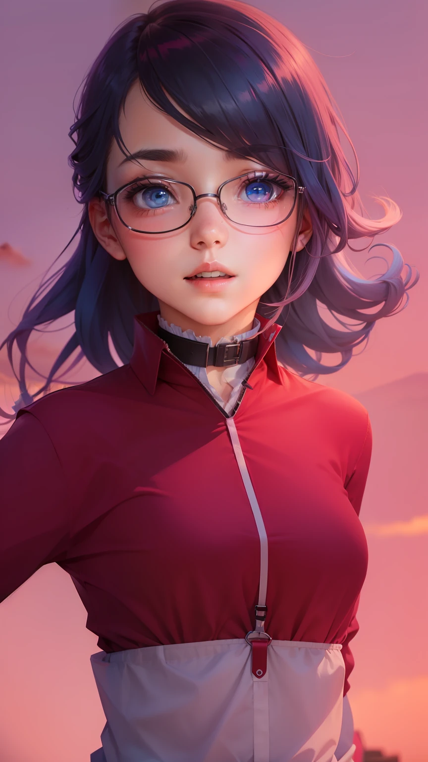 1girl, hoshino (blue archive), solo, heterochromia, pink hair, skirt, long hair, necktie, ahoge, shirt, halo, plaid skirt, blue eyes, plaid, looking at viewer, white shirt, sitting, orange eyes, chest harness, harness, long sleeves, id card, open mouth, very long hair, collared shirt, smile, blue necktie, bangs, feet out of frame, between legs, hand between legs, blush, hair between eyes, highres,masterpiece, best quality
