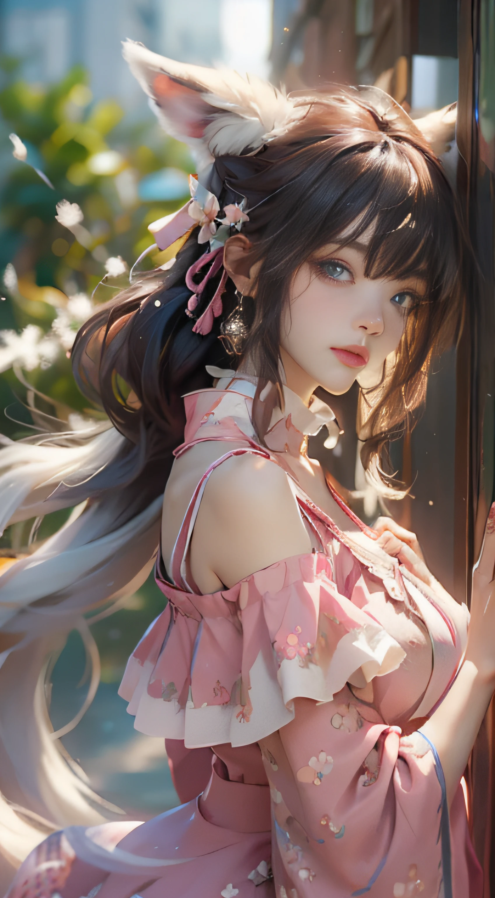 ((best qualtiy)), ((tmasterpiece)), (detail:1.4), Beautiful cyberpunk female images,hdr(HighDynamicRange),Ray traching,NVIDIA RTX,Hyper-Resolution,illusory 5,sub surface scattering,PBR textures,post-proces,Anisotropy Filtering,depth of fields,maximum definition and sharpness,Many-Layer Textures,Albedo e mapas Speculares,Surface coloring,Mitsu-Accurate simulation of material interactions,perfectly proportioned,rendering by octane,Two-colored light,largeaperture,Low ISO,White balance,Rule three points、8K raw data、Beautiful bright blue pupils,off-the-shoulder clothes,Fine pupils,Delicate face and eyes,long eyelasher,Blushlush,Delicate and fluffy hair,pink lip,Pure,Cute face,Sweet girl,Artistic sense,Casual wear,Advancedsense,butterflys,Cherry blossom petal,Beautiful hair accessories,Long hair and waist,Hair fluttering in the wind,Snow-white fox ears,curlies,Snow-white fluffy tail,Positive light,The light from the back window is backlighted