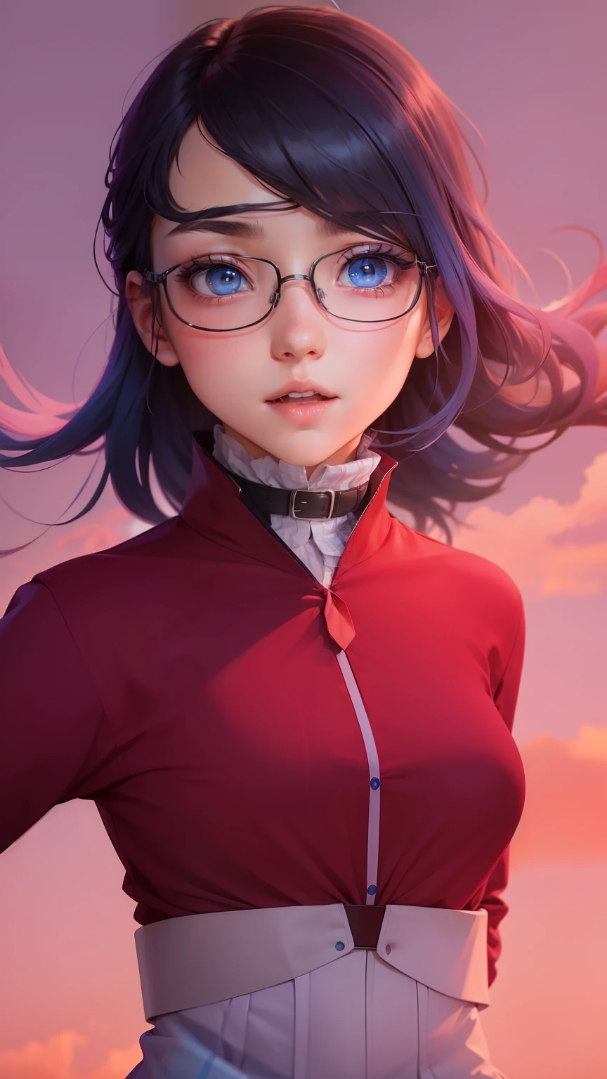 1girl, hoshino (blue archive), solo, heterochromia, pink hair, skirt, long hair, necktie, ahoge, shirt, halo, plaid skirt, blue eyes, plaid,  looking at viewer, white shirt, sitting, orange eyes, chest harness, harness, long sleeves, id card, open mouth, very long hair, collared shirt, smile, blue necktie, bangs, feet out of frame, between legs, hand between legs, blush, hair between eyes, highres,masterpiece, best quality
