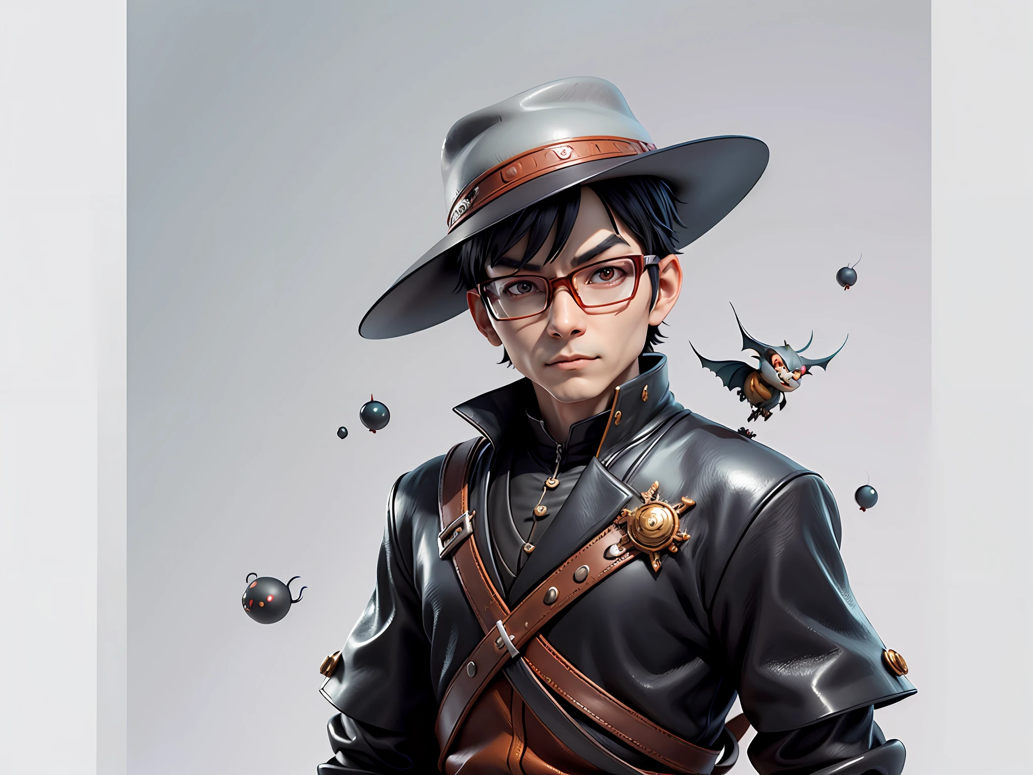 Young man with oriental face in leather hat, dragon, formal suit, short black hair, silver glasses, digital painting, 3D character design by Mark Clairedon and Pixar and Hayao Miyazaki and Akira Toriyama, the illustration is a high-definition illustration in 4K resolution with very detailed facial features and cartoon-style visuals.