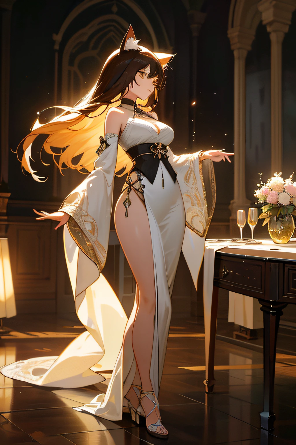 offcial art，Unity 8k壁纸，ultra - detailed，aestheticly pleasing，big breasts beautiful，tmasterpiece，best qualtiy， darkly， atmospurate， mistic， romanticism lain， spine-chilling， literary， Artistically， Fashionab， victorian age， decor， iintricate， ironwork， Lace， contemplative， emotive depth， supranatural， 1girll，独奏， coll，Bust composition，Transparent packaging，see-through transparent clothes，Pink cute，Pink tender，Proud and holy，divino，big breasts exposed cleavage，Leaky shoulders，water leakage，Milk fat buttocks，huge tit，Double breasts，Reallightandshadow，cinematric light，SENSE OF CINEMA，Light effect，holy，Best quality at best，Very detailed masterpiece，finely detailled，Very detailed wallpaper，A high resolution，（Very detailed CG unity 8K wallpaper），（illustratio：1.3） 1girll， Animal ear， long whitr hair， brunette color hair， Cat ears， 独奏， Yellow eyes， nedium breasts， coda， a cat tail， Spider lily， arma， japanses clothes， florals， Very long hair， Separate the sleeves，big cleavage breasts， The sword， komono， looking at viewert， From the side Side， Wide sleeves， Estampados florales， standing on your feet， Cat girl ((Masterpiece,Ultra-detailed, Intricate details, Best quality,illustration)),1 all-white female，Very sexy，Dancing girls, Solo, Brown hair, White dress, glass, restaurant, Night, indoor, Luxurious, elegant, Sophisticated, ellegance, Fashionab, gracefulness, Attractive, Alluring, Gorgeous, Stunning, Attractive cleavage, Lovely, Charming, pretty, Beautiful detailed face, Beautiful detailed eyes, soft expression, full pouty lips, Slim figure, Curvy, Hourglass figure, Moderate Bust, Slender arms, graceful hands, delicate finger, Slim wrists, Elegant neck, Bare shoulders, Smooth skin, Slender waist, floating dress, Intricate lace patterns, Translucent fabric, High slit, Long hem, Elegant heels, intricatedesign, White color scheme, Subtle shadows, Dim lighting, Warm color tones, Wooden furniture, comfortable seating, Glossy table, Crystal glassware, Condensation on glass, Wine, drink, beverage, Refreshing, fragrant, Sparkling, Crisp, Effervescent, Mouthwatering, Refreshing atmosphere, relaxing, Peaceful, tranquil, serene, soothing, comfortable atmosphere, Exquisite background music, Live jazz performance, Subtle sound, Soft murmur, Ambient noise, Artistic composition, Visually striking, Harmonious color scheme, Balanced composition, Professional execution