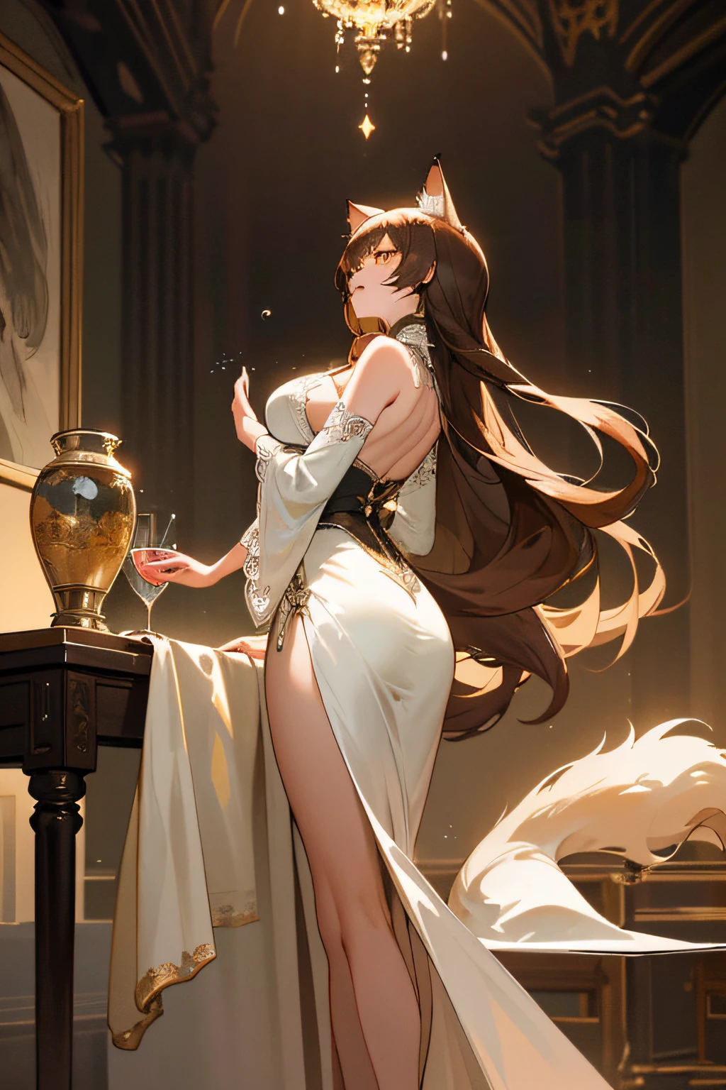 offcial art,Unity 8k壁纸,ultra - detailed,aestheticly pleasing,big breasts beautiful,tmasterpiece,best qualtiy, darkly, atmospurate, mistic, romanticism lain, spine-chilling, literary, Artistically, Fashionab, victorian age, decor, iintricate, ironwork, Lace, contemplative, emotive depth, supranatural, 1girll,独奏, coll,Bust composition,Transparent packaging,see-through transparent clothes,Pink cute,Pink tender,Proud and holy,divino,big breasts exposed cleavage,Leaky shoulders,water leakage,Milk fat buttocks,huge tit,Double breasts,Reallightandshadow,cinematric light,SENSE OF CINEMA,Light effect,holy,Best quality at best,Very detailed masterpiece,finely detailled,Very detailed wallpaper,A high resolution,(Very detailed CG unity 8K wallpaper),(illustratio:1.3) 1girll, Animal ear, long whitr hair, brunette color hair, Cat ears, 独奏, Yellow eyes, nedium breasts, coda, a cat tail, Spider lily, arma, japanses clothes, florals, Very long hair, Separate the sleeves,big cleavage breasts, The sword, komono, looking at viewert, From the side Side, Wide sleeves, Estampados florales, standing on your feet, Cat girl ((Masterpiece,Ultra-detailed, Intricate details, Best quality,illustration)),1 all-white female,Very sexy,Dancing girls, Solo, Brown hair, White dress, glass, restaurant, Night, indoor, Luxurious, elegant, Sophisticated, ellegance, Fashionab, gracefulness, Attractive, Alluring, Gorgeous, Stunning, Attractive cleavage, Lovely, Charming, pretty, Beautiful detailed face, Beautiful detailed eyes, soft expression, full pouty lips, Slim figure, Curvy, Hourglass figure, Moderate Bust, Slender arms, graceful hands, delicate finger, Slim wrists, Elegant neck, Bare shoulders, Smooth skin, Slender waist, floating dress, Intricate lace patterns, Translucent fabric, High slit, Long hem, Elegant heels, intricatedesign, White color scheme, Subtle shadows, Dim lighting, Warm color tones, Wooden furniture, comfortable seating, Glossy table, Crystal glassware, Condensation on glass, Wine, drink, beverage, Refreshing, fragrant, Sparkling, Crisp, Effervescent, Mouthwatering, Refreshing atmosphere, relaxing, Peaceful, tranquil, serene, soothing, comfortable atmosphere, Exquisite background music, Live jazz performance, Subtle sound, Soft murmur, Ambient noise, Artistic composition, Visually striking, Harmonious color scheme, Balanced composition, Professional execution