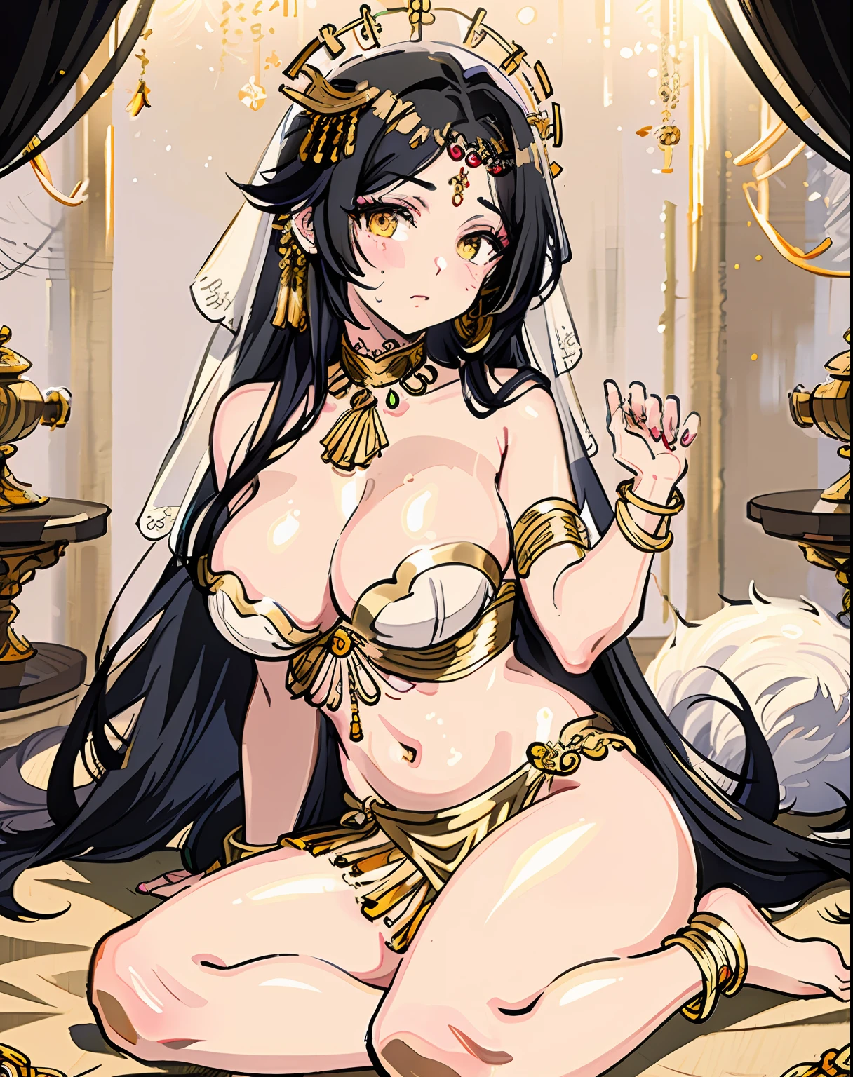 masterpiece, best quality, ultra-detailed, 1girl, solo, looking at viewer, (curvy:1.1), large , black hair, long hair, hair over one eye, (wavy hair:1.1), yellow eyes, , (breasts1.3), groin, (pasties:1.3), neck ring, armlet, bracelet, (thighlet:1.2), (white veil:1.2), (hair ornament:1.1), (chain:1.1), (gold:1.3), (gold trim:1.2), rose, sweat, sitting, arm up, full body, anklet,, out door