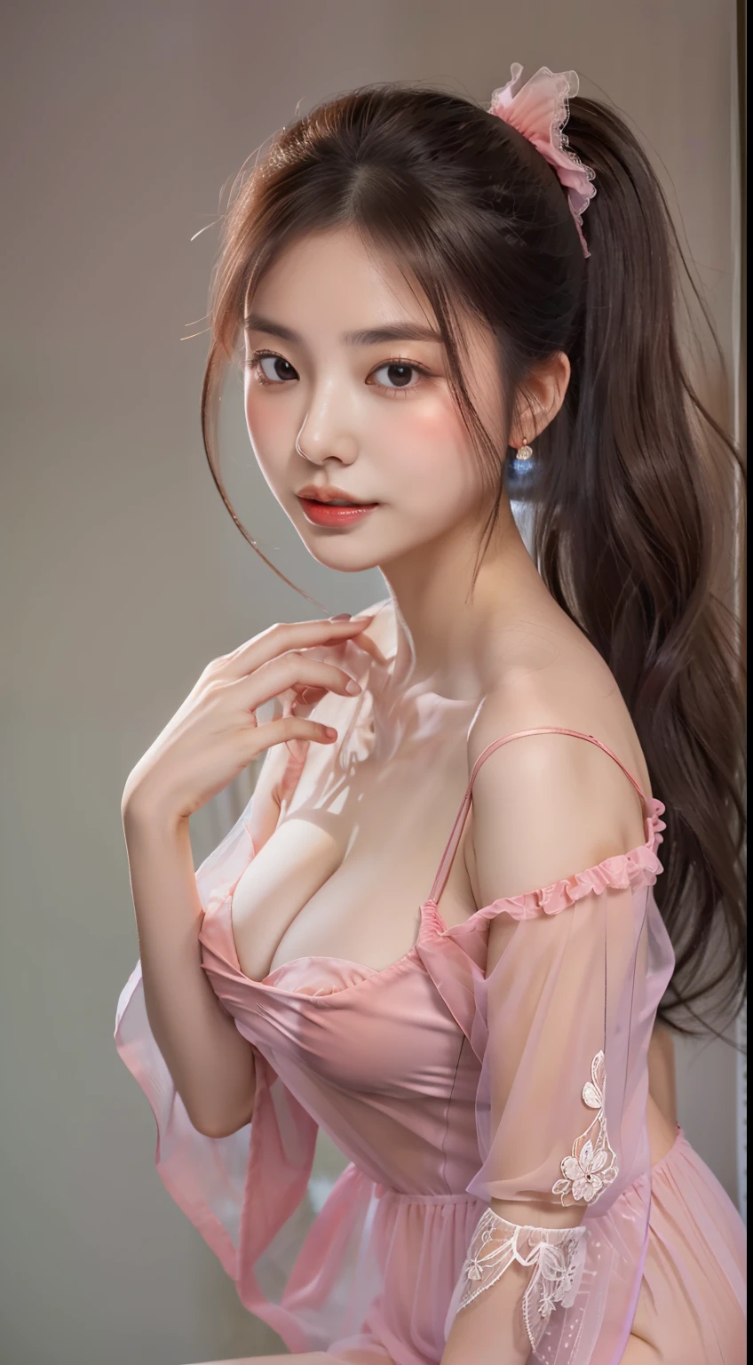 ((top-quality:1.4、8K、32K、nffsw:1.3))、(unparalleled masterpiece ever)、(Photorealsitic:1.4)、Real 1.2、((Raw photography、真实感:1.6))、1girl in、Women in Japan、hyperdetailed face、(Gentle expression、A slight smil、with round face)、(Deep_V-neck_Dress:1.2)、(Exaggerated body proportions、perfectly proportions、Colossal tits:1.27、bigtits)、sensual bodies、(full body Esbian、Sitting Woman)、((Transparent Night Dress))、Elegant dress、(summer slip dress)、((Deep Neckline Lip Dress))、Crystal Clear Fabric、lacy fabric、(Colossal tits:1.27)、bigtits、ulzzang -6500-v1.1、Woman in her 20s、Short length dress、Light pink dress、hyperdetailed face、A detailed eye、with round face、二重まぶた、((A dark-haired、poneyTail))、Red Rouge、Red Pumps、photon maping、detailed skin textures
