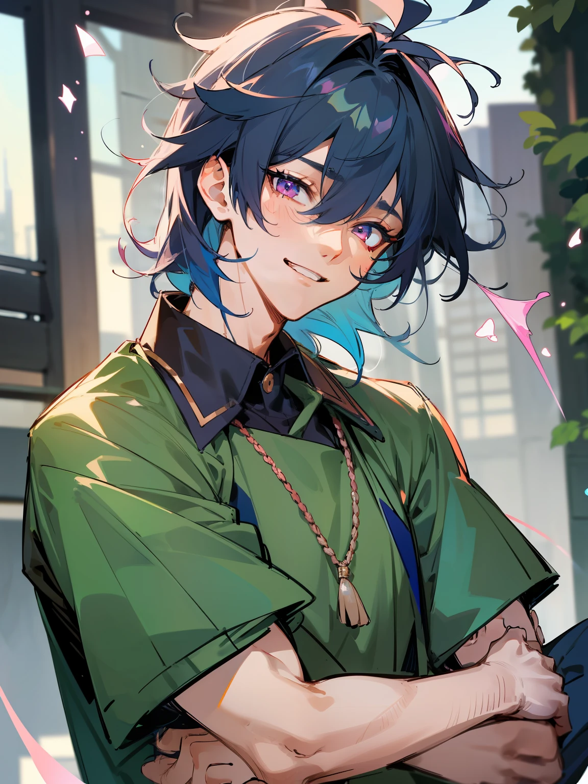 Ultra Detail,Haig Quality,sketch,1boy,matured male,Beautiful face,(Navy blue hair,Outer hair:1.3),Handsome men,Pearl skin,black tshirt,Moss Green Mod Coat,Dynamic Angle,Japan Anime,Pink eyes,Laugh,Like a cat's eye,city,male in his 20s,