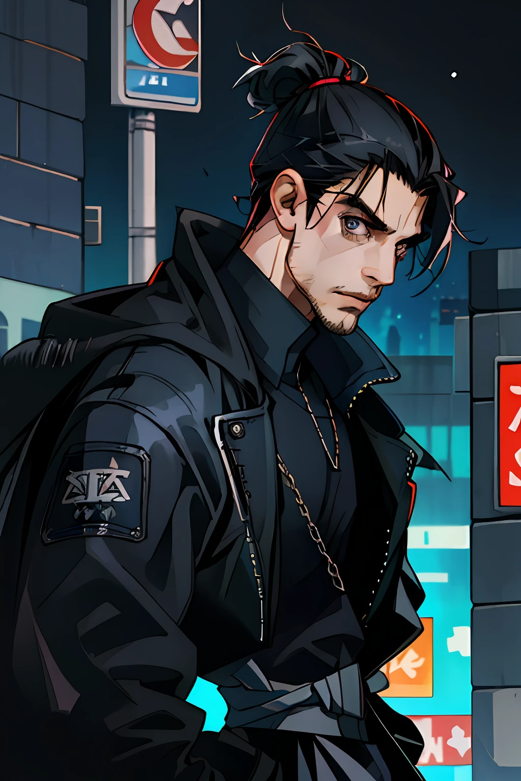 Anime guy with a black jacket and red eyes standing in front of a ...