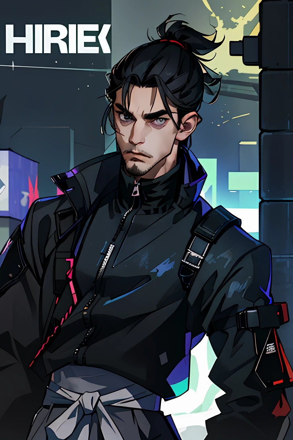 (absurdes, ah high, ultra detialed), ciberpunk, 1人, tmasterpiece, Mature man, big, beste-Qualit, extra high resolution, nightfall, urban landscape, Depth of field,  tall muscular guy, ((gray eyes)) , Long black hair, forehead, angular jaw, thick neck, wide shoulders, Stern face, strict street cyberpunk clothing, Single man, (beard),  ciberpunk, to the waist, gaze at the viewer