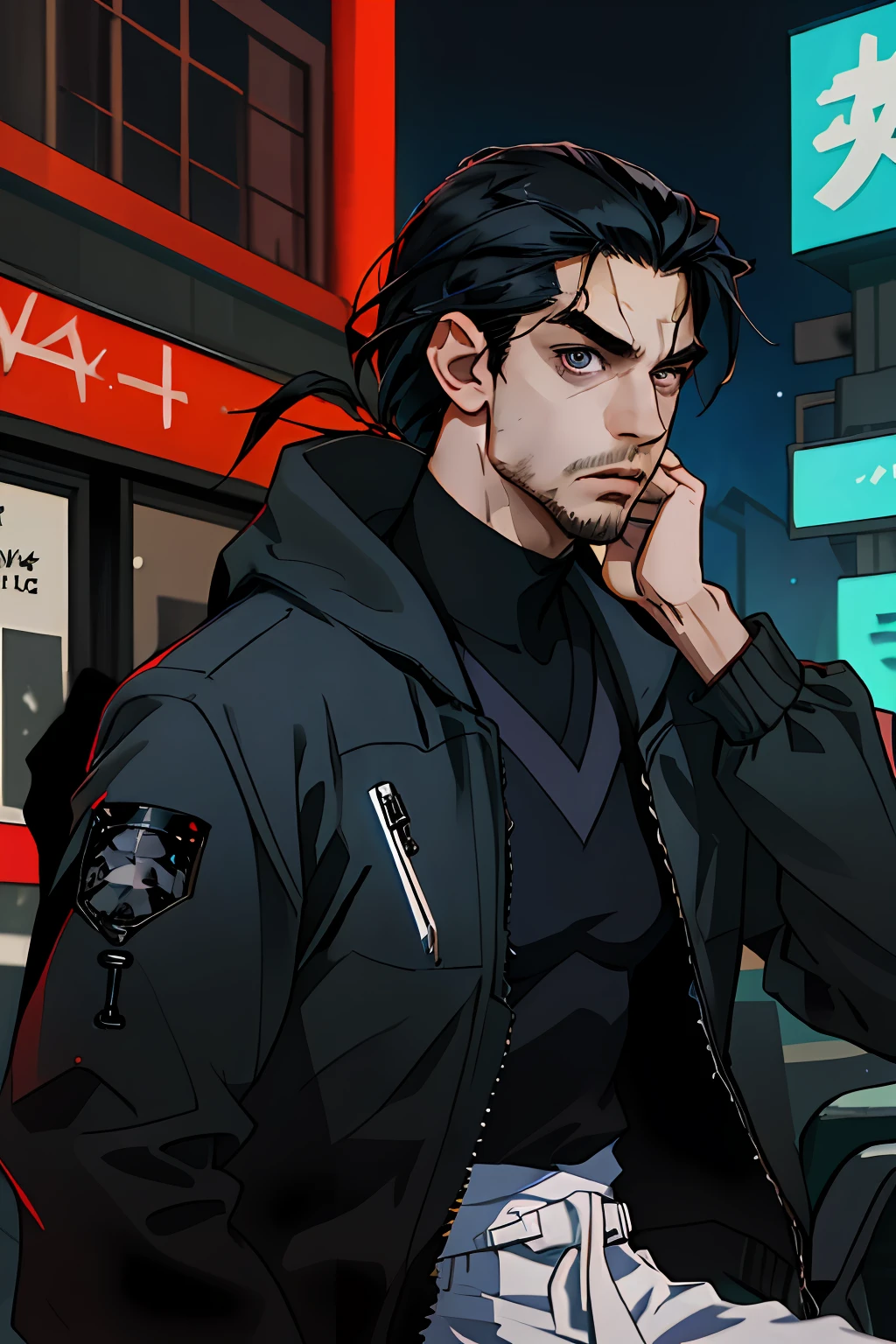 (absurdes, ah high, ultra detialed), ciberpunk, 1人, tmasterpiece, Mature man, big, beste-Qualit, extra high resolution, nightfall, urban landscape, Depth of field, tall muscular guy, ((gray eyes)) , Long black hair, forehead, angular jaw, thick neck, wide shoulders, Stern face, strict street cyberpunk clothing, Single man, (beard), ciberpunk, to the waist, gaze at the viewer