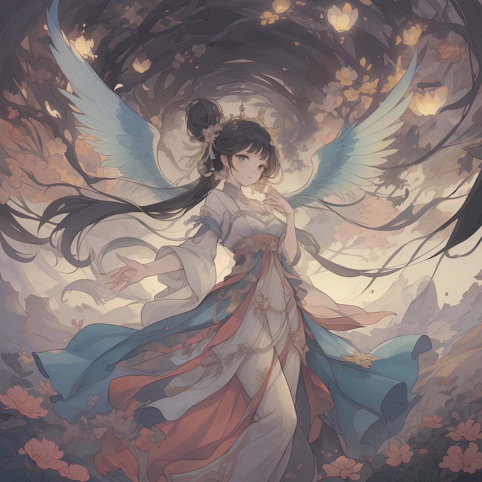 (Exquisite art style: 1.2 + bright colors: 1.2), (HD (8K) wallpaper + ultra-high precision: 1.2), When you think of "elf wings", you will imagine a flowing, elegant elf girl, flying in the air, surrounding the woods and wilderness. Her wings can be white, gold, or silver-gray, shining. She can wear dresses, short skirts or blue silk. Surrounded by trees, flowers and small animals, it is full of nature and magic. The theme "Wings of Elves" is good at depicting brightly colored and detailed dreamy pictures, which lead people's imaginations infinitely to the world of freedom and fantasy.