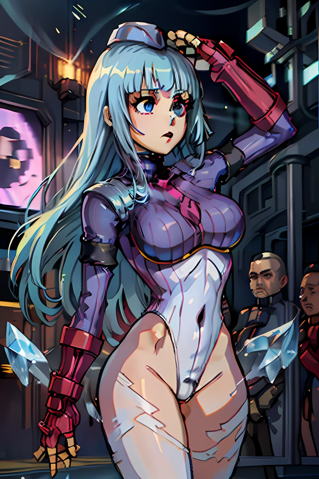 1girl, envejecido, bashful, (Diamante Kula:1.2), solamente, senos medianos, Borrosa, fondo borroso, tech, adiestramiento, (Doll suit:1.3), (Leotardo blanco, purple leotard:1.1), Poderes de hielo, ojos azules,