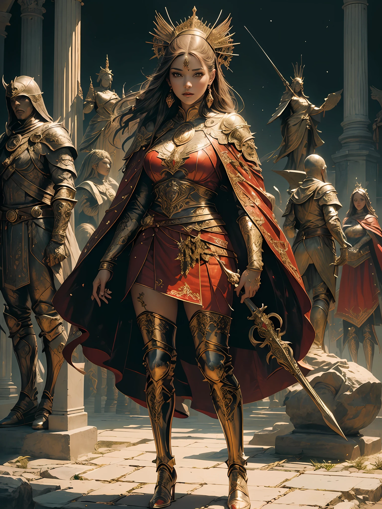 ((masterpiece))), (((best quality))), ((ultra-detailed)), (hyperrealistic), (highly detailed artwork), accent lighting, photorealistic, extremely beautiful young lady, light makeup, intricate detailed eaba, red cape, spear, shining, gloss, crisp, flirty, statues, epic