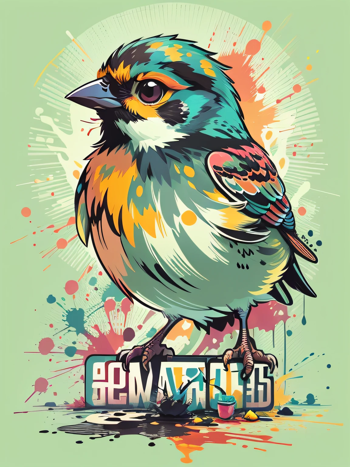 vector art, Colorful graffiti illustration of cute little sparrow, Bright colors, paint splashes and blots, high detail, whitebackground