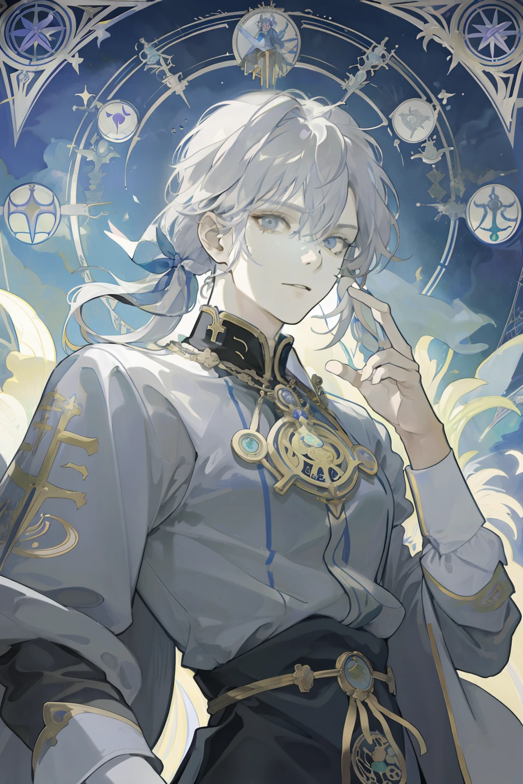 tmasterpiece, beste-Qualit, 1 male, grown up, with long gray hair, lean, fool \(tarot\), bard, clown, Symbolism, visual art, occultism, Universal, Vision, Philosophical, Iconography, Numerology, Popularity, an artistic, by Alphonse Mucha