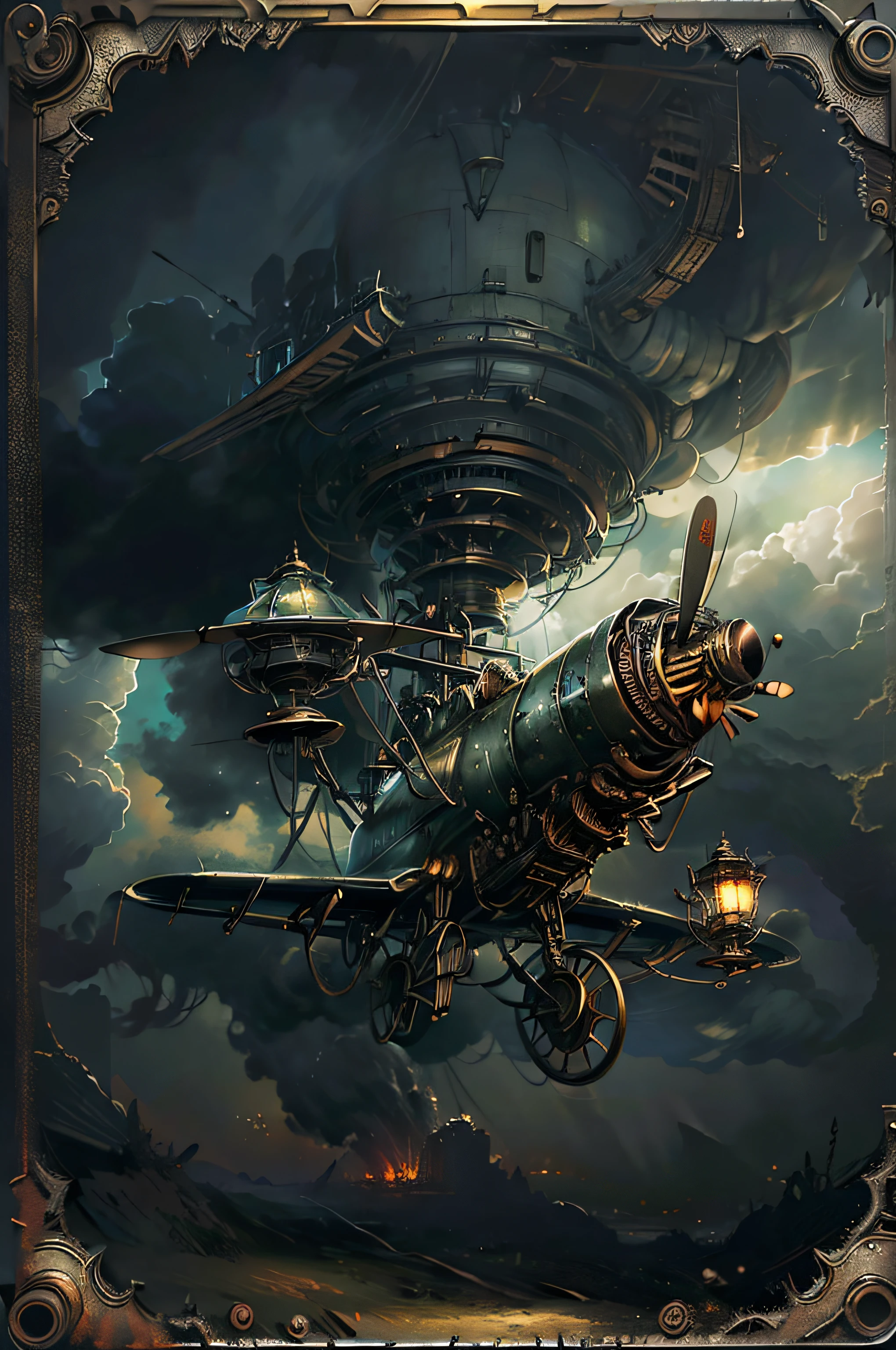 massive dark storm clouds, ultra detailed, with very small steampunk airplane, dramatic back ligting, storm atmosphere, cinematic lighting, contrast lighting, raw --v 5.2